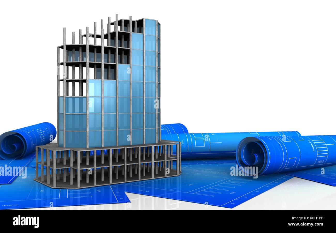 3d illustration of modern building frame over white background Stock ...