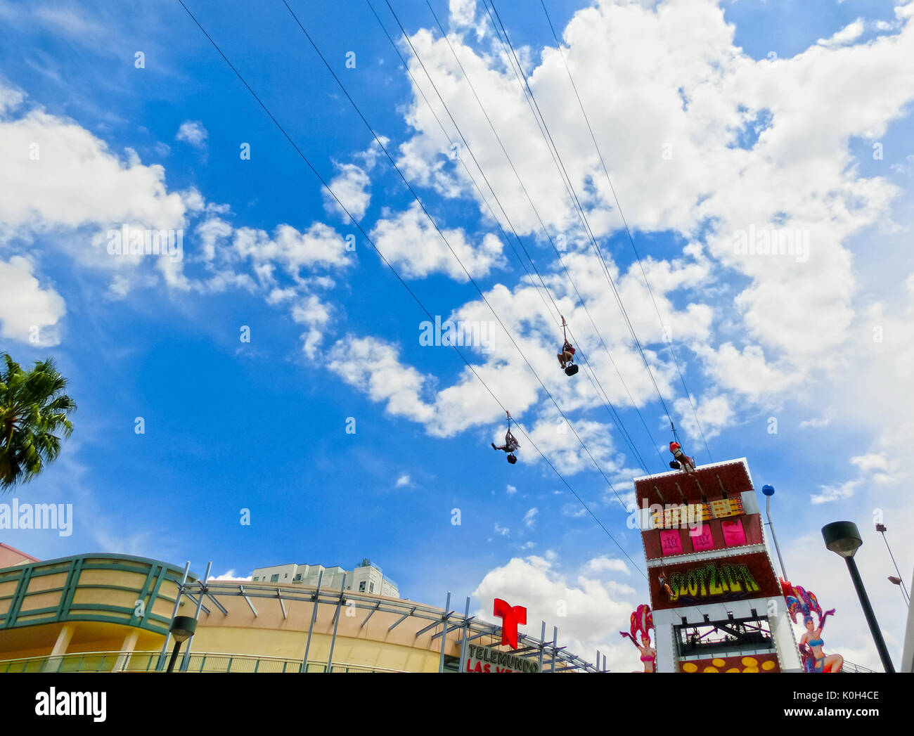 Las Vegas, United States of America - May 07, 2016: The people at the SlotZilla zip line attraction at the Fremont Street Experience at Las Vegas, USA Stock Photo