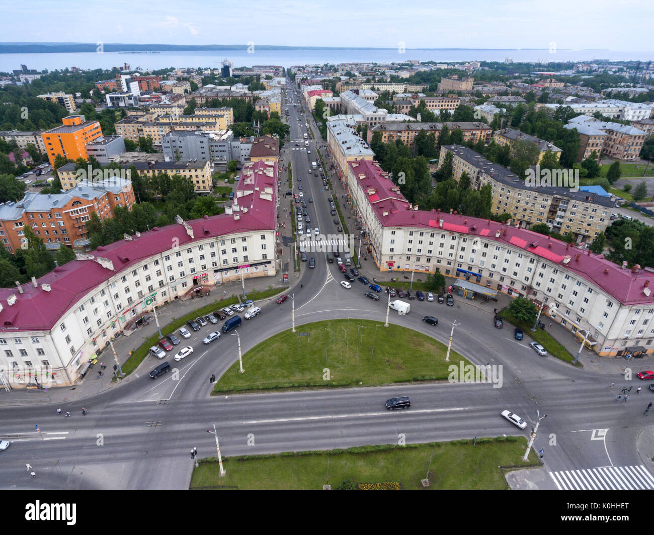 PETROZAVODSK, RUSSIA-CIRCA -JUN, 2017: Top view of the Lenin Avenue in the direction to the Lake Onega. Aerial view at the Gagarin Square, Petrozavods Stock Photo