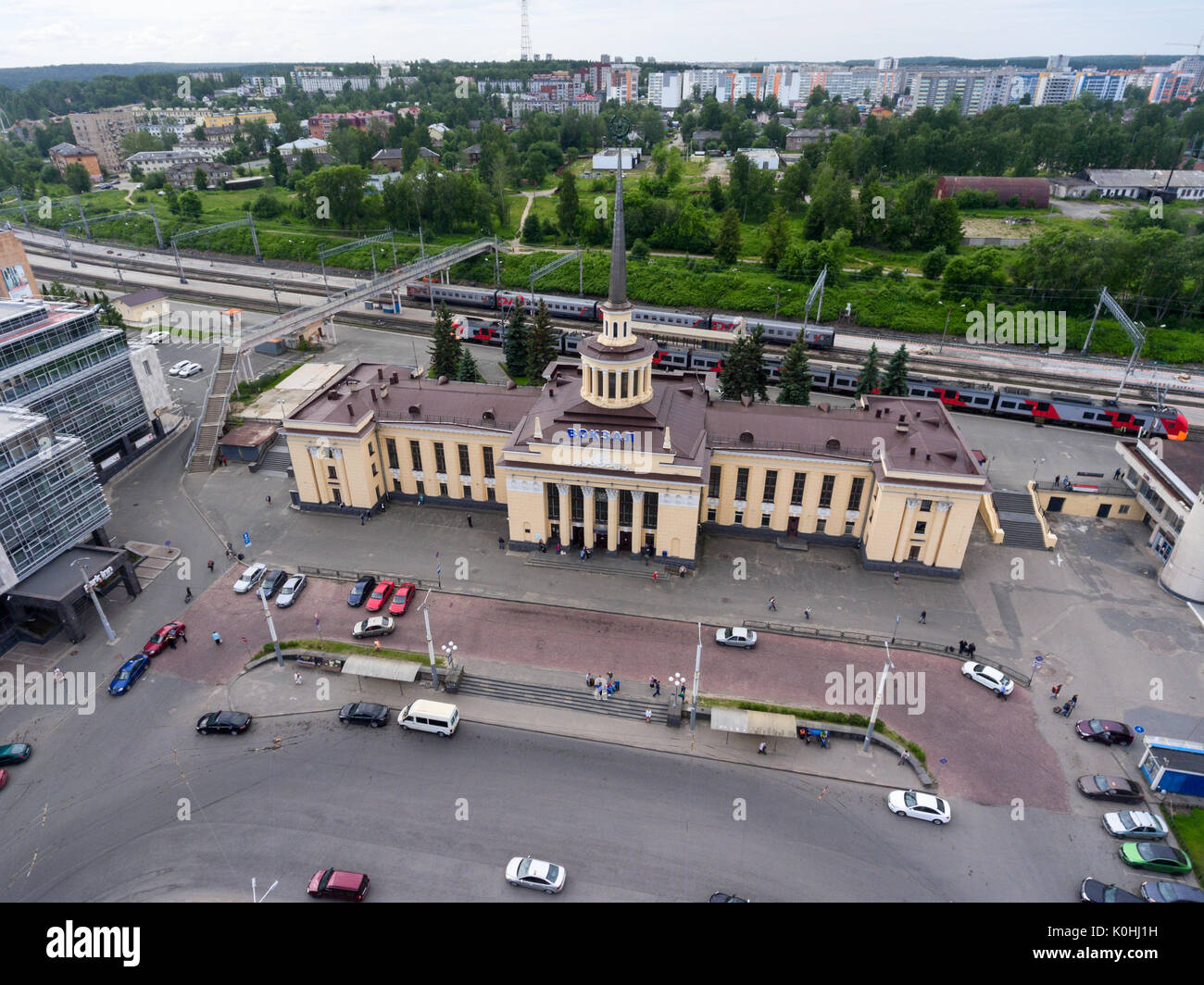 PETROZAVODSK, RUSSIA-CIRCA -JUN, 2017: The building of the railway station is on the Gagarin Square in Petrozavodsk city. Aerial view. City is the cap Stock Photo