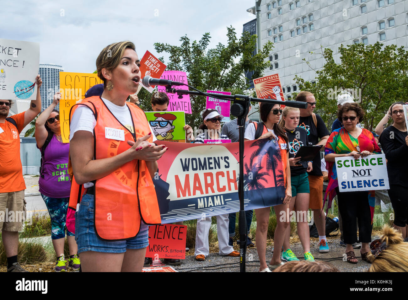 Miami Florida,Museum Park,March for Science,protest,rally,sign,poster,protester,adult adults woman women female lady,speaker,teacher,visitors travel t Stock Photo
