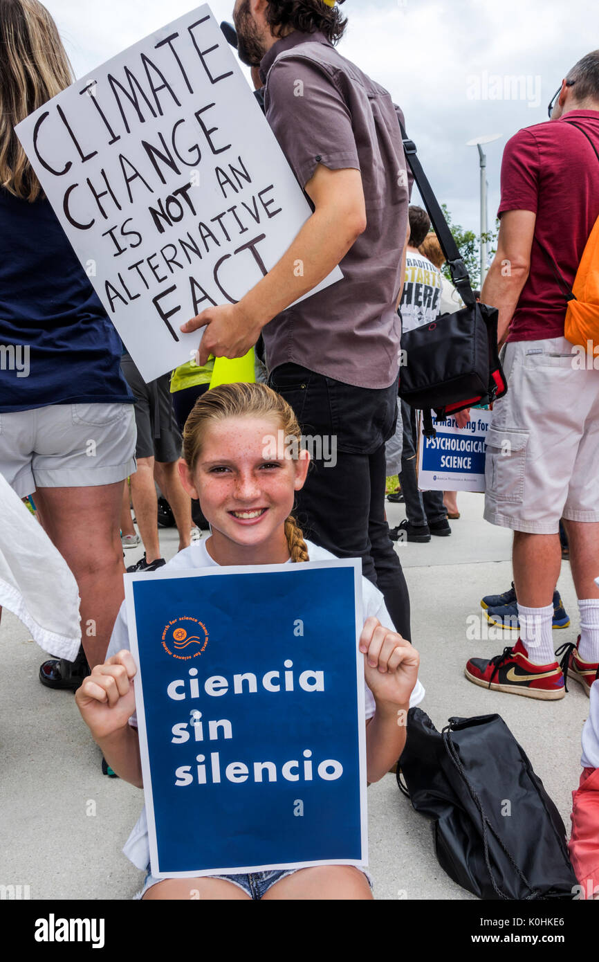 Miami Florida,Museum Park,March for Science,protest,rally,sign,poster,protester,Spanish language,Hispanic girl girls,female kid kids child children yo Stock Photo