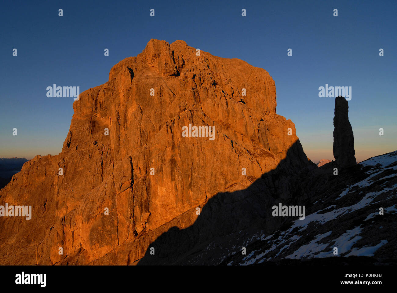 Schiara, Dolomites, Veneto, Italy. Sunset on Mount Schiara and Gusela del Vescova Stock Photo