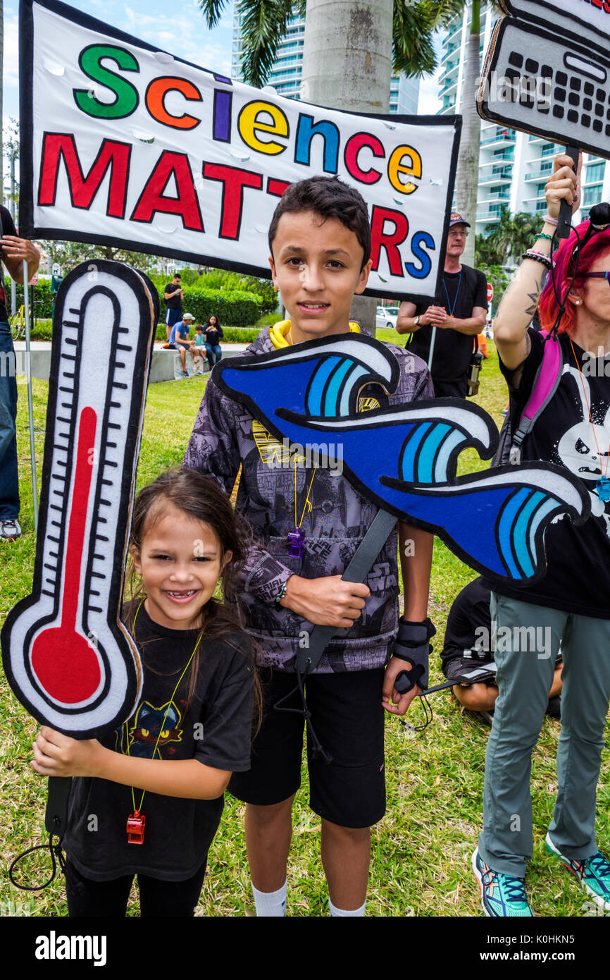 Miami Florida,Museum Park,March for Science,protest,rally,sign,poster,protester,boy boys,male kid kids child children youngster,girl girls,female stud Stock Photo