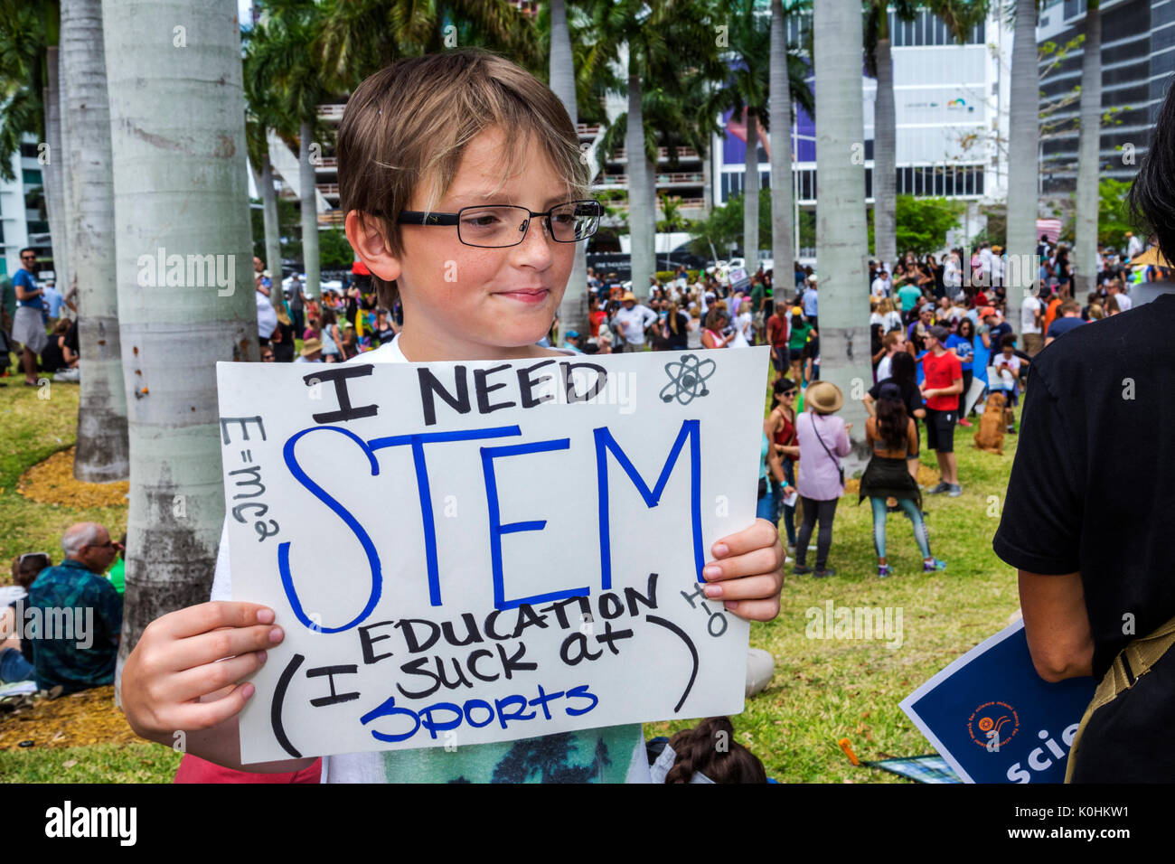 Miami Florida,Museum Park,March for Science,protest,rally,sign,poster,protester,boy boys,male kid kids child children youngster youngsters youth youth Stock Photo