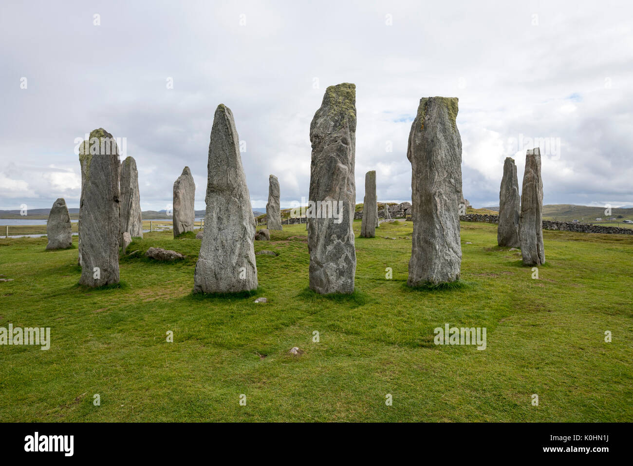 Callanish Standing Stones in a cloudy day, , standing stones placed in a cruciform pattern with a central stone circle, Callanish, Scotland, UK Stock Photo