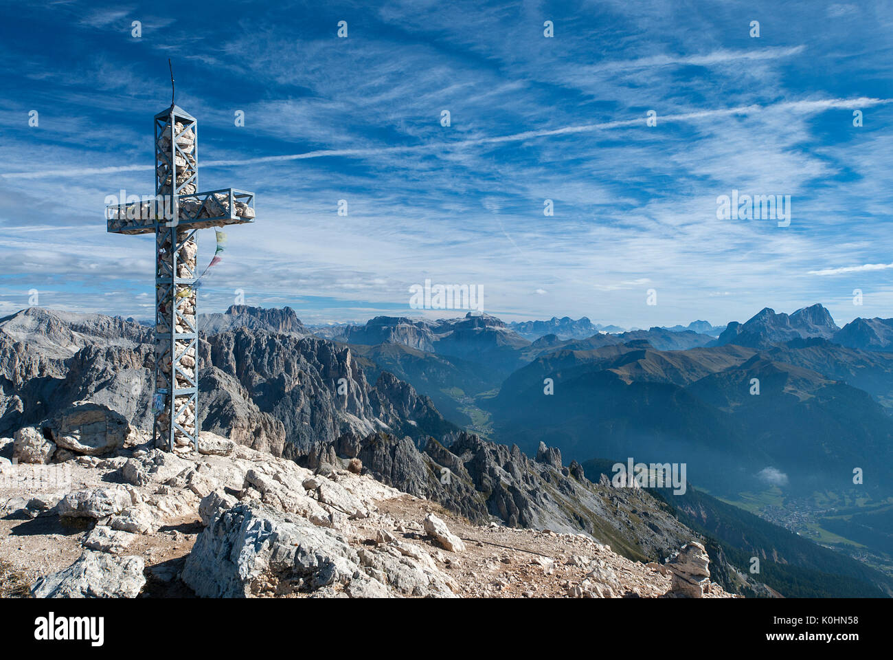 Roda di Vael, Dolomites, Trentino, Italy. At the summit of the Roda di Vael Stock Photo