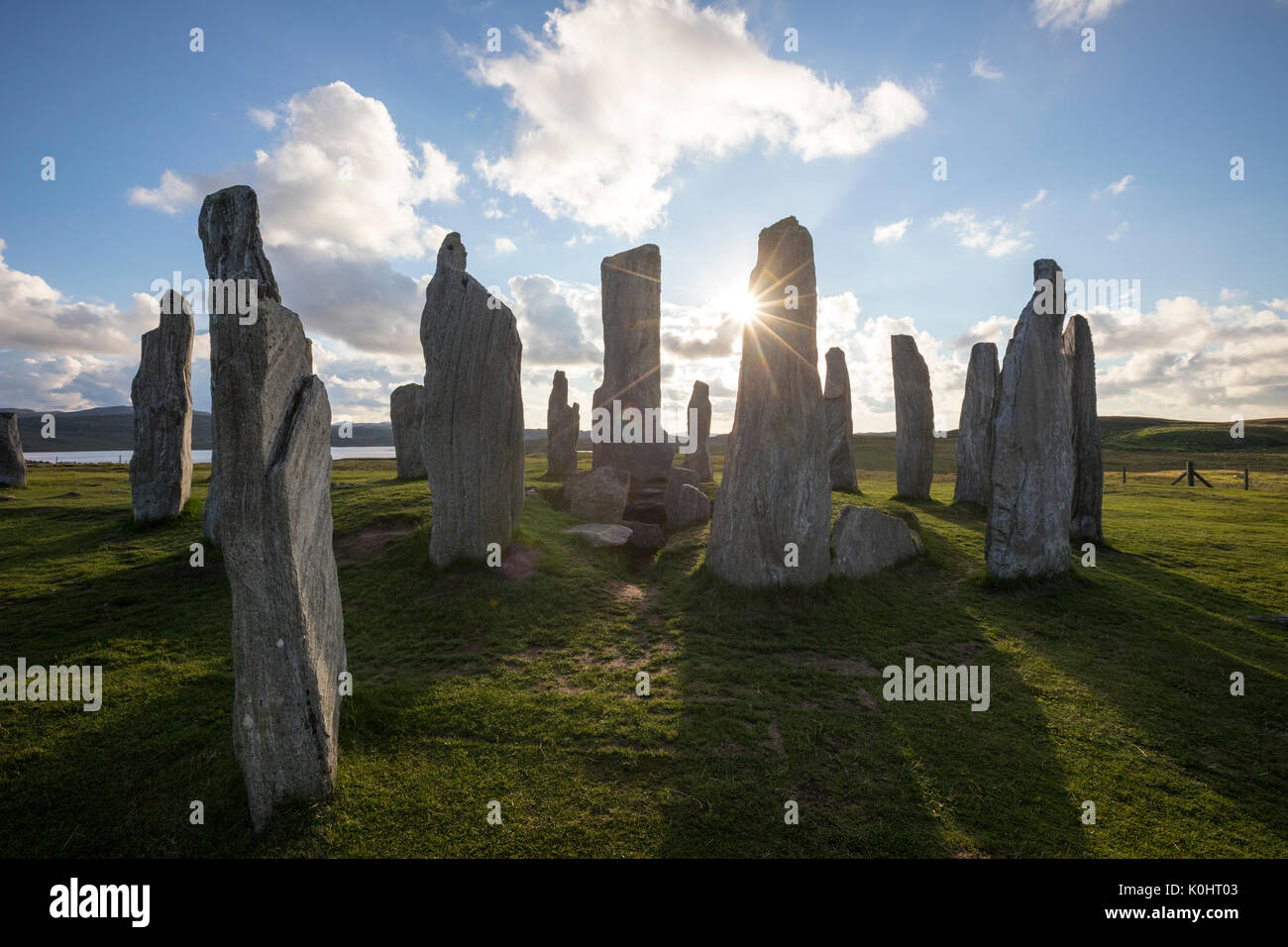 Chambered tomb, Callanish Standing Stones, standing stones placed in a cruciform pattern with a central stone circle, Callanish, Scotland, UK Stock Photo