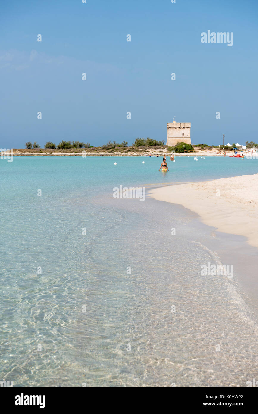 Porto Cesareo, province of Lecce, Salento, Apulia, Italy. The Dunes Beach and the Chianca Tower Stock Photo