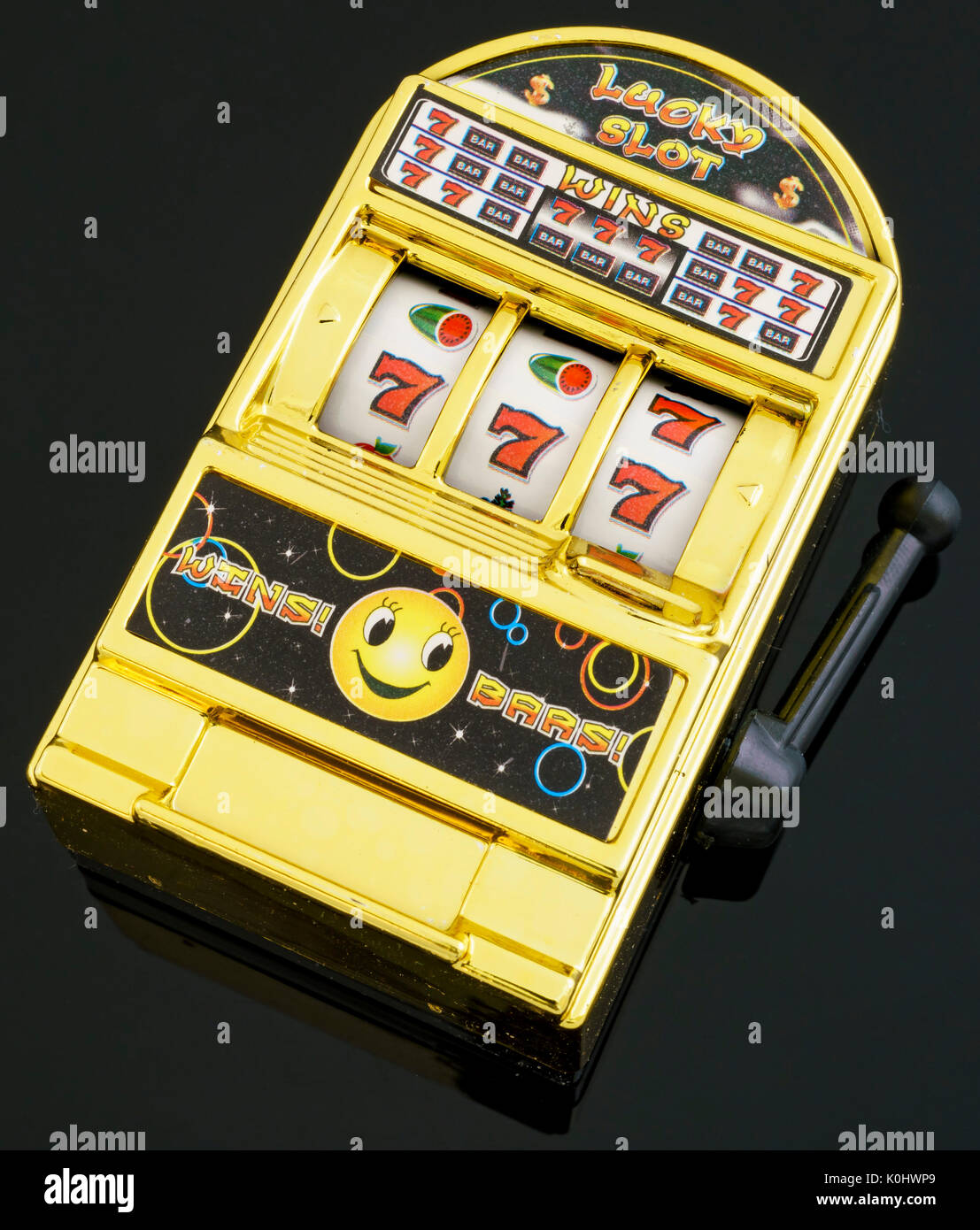 Close up shoot of a gambling model (slot machine) with winning a big prize Stock Photo