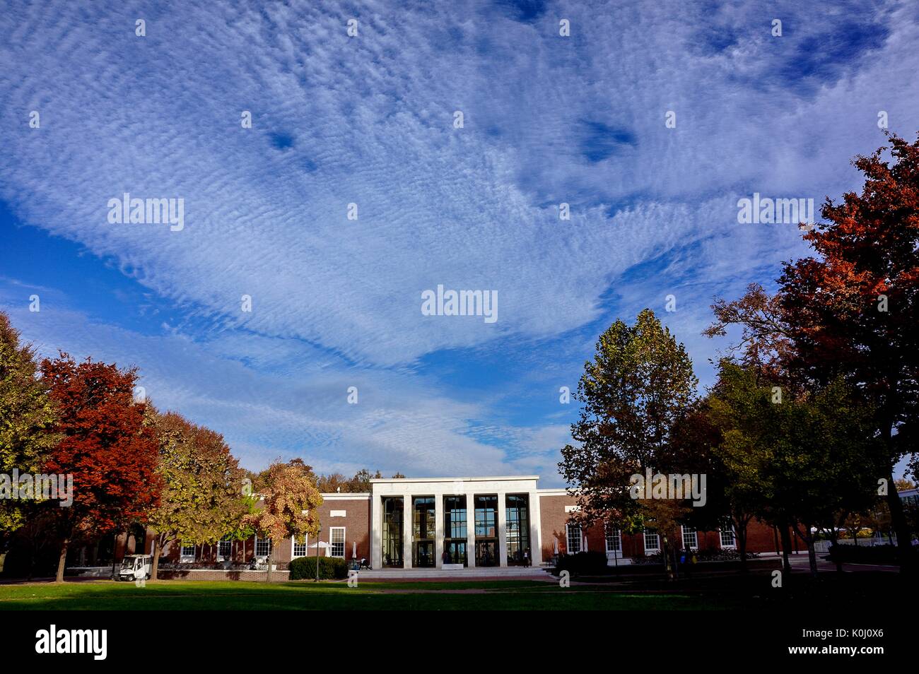 The front of the Milton S. Eisenhower Library depicted during autumn from the middle of the Keyser Quad, 2015. Courtesy Eric Chen. Stock Photo
