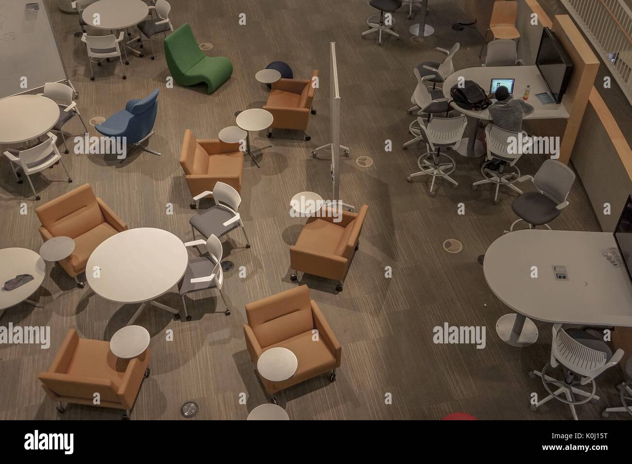 Aerial view of the Brody Learning Commons atrium with only one student sitting at a table, 2016. Courtesy Eric Chen. Stock Photo