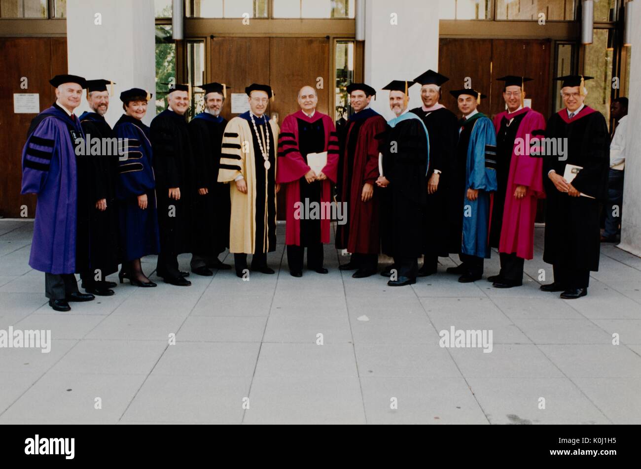 President Richardsons final commencement in 1995, from left to right: Dean Stanley Gabor (continuing studies), APL Director Gray Smith, Dean Sue Donaldson (Nursing), Dean Steven Knapp (Arts and Sciences), Dean Don Giddens (Engineering), President William Richardson, Provost Joseph Cooper, Dean Paul Wolfowitz (SAIS), Dean Larry Benedict (Homewood Stuent Affairs), Director Robert Pierce (Peabody Institute), Dean Michael Johns (Medicine), Dean Alfred Sommer (Public Health), Director Les Salomon (Institute for Policy Studies). May 27, 1995. Stock Photo