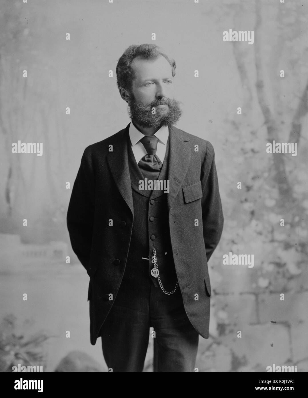 Three-quarter length standing photographic portrait of German-born inventor Ottmar Mergenthaler. 1898. Stock Photo