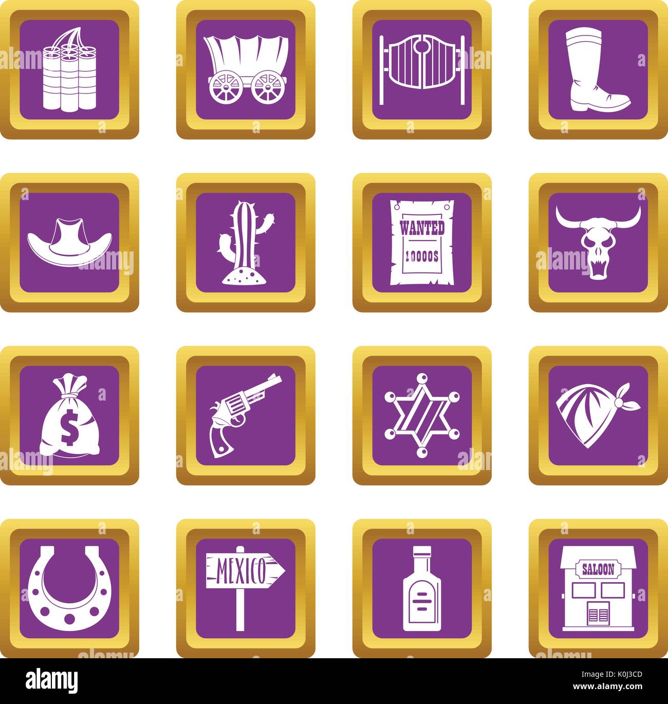 Wild west icons set purple Stock Vector
