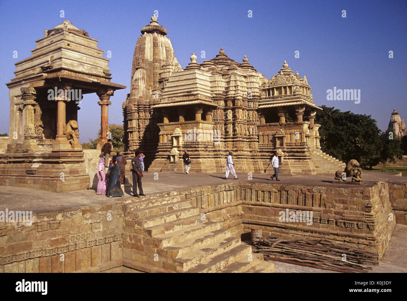 Mahadeva, Devi Jagadamba, and Chitragupta Temples in Western Group, Khajuraho Group of Monuments, Madhya Pradesh, India Stock Photo