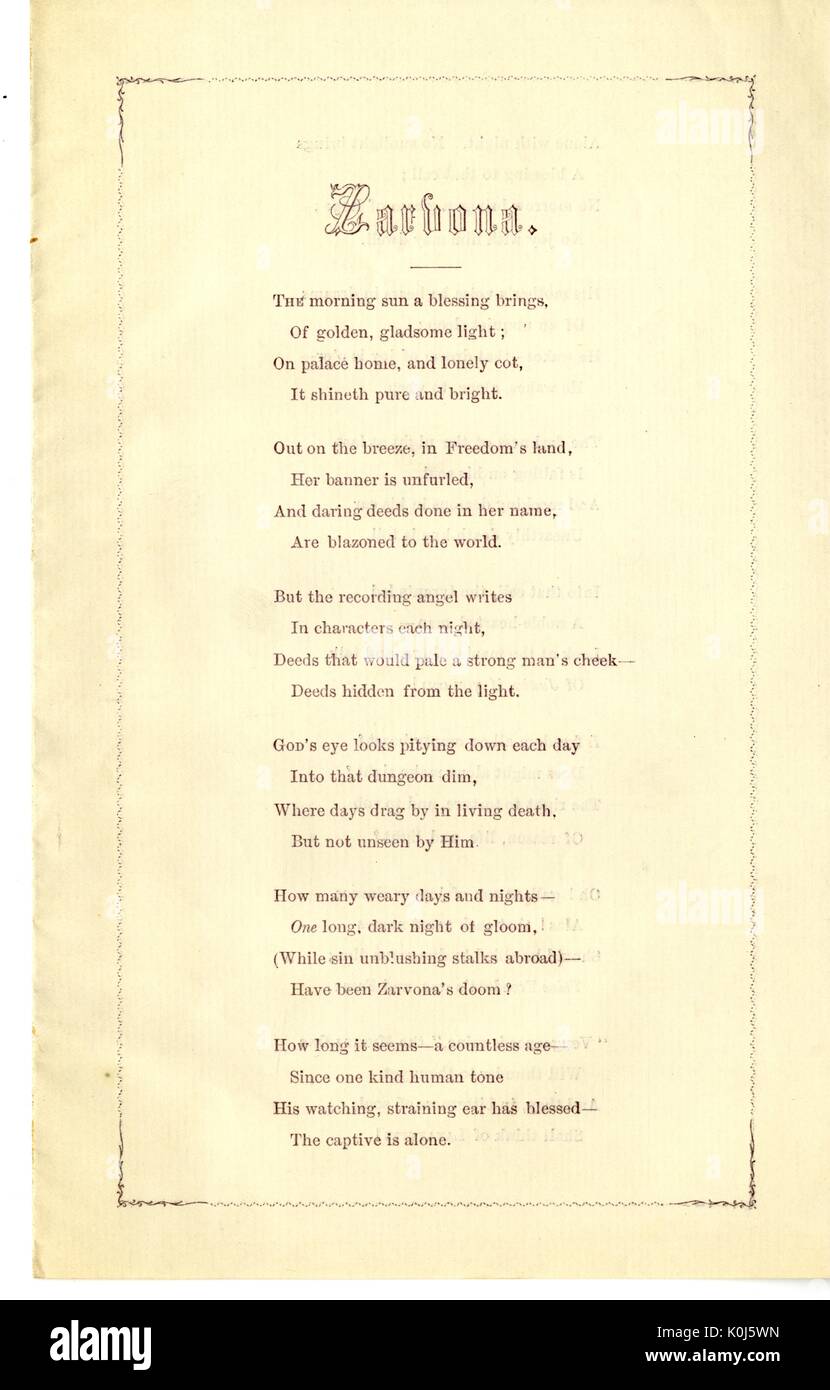 Broadside from the American Civil War, entitled 'Zarvona, ' depicting a sorrowful God who looks down upon the dim days of war, and Richard Thomas Zarvona, a Confederate hero who disguised himself as a French woman to take down a vessel, who looks up at God from captivity, 1862. Stock Photo