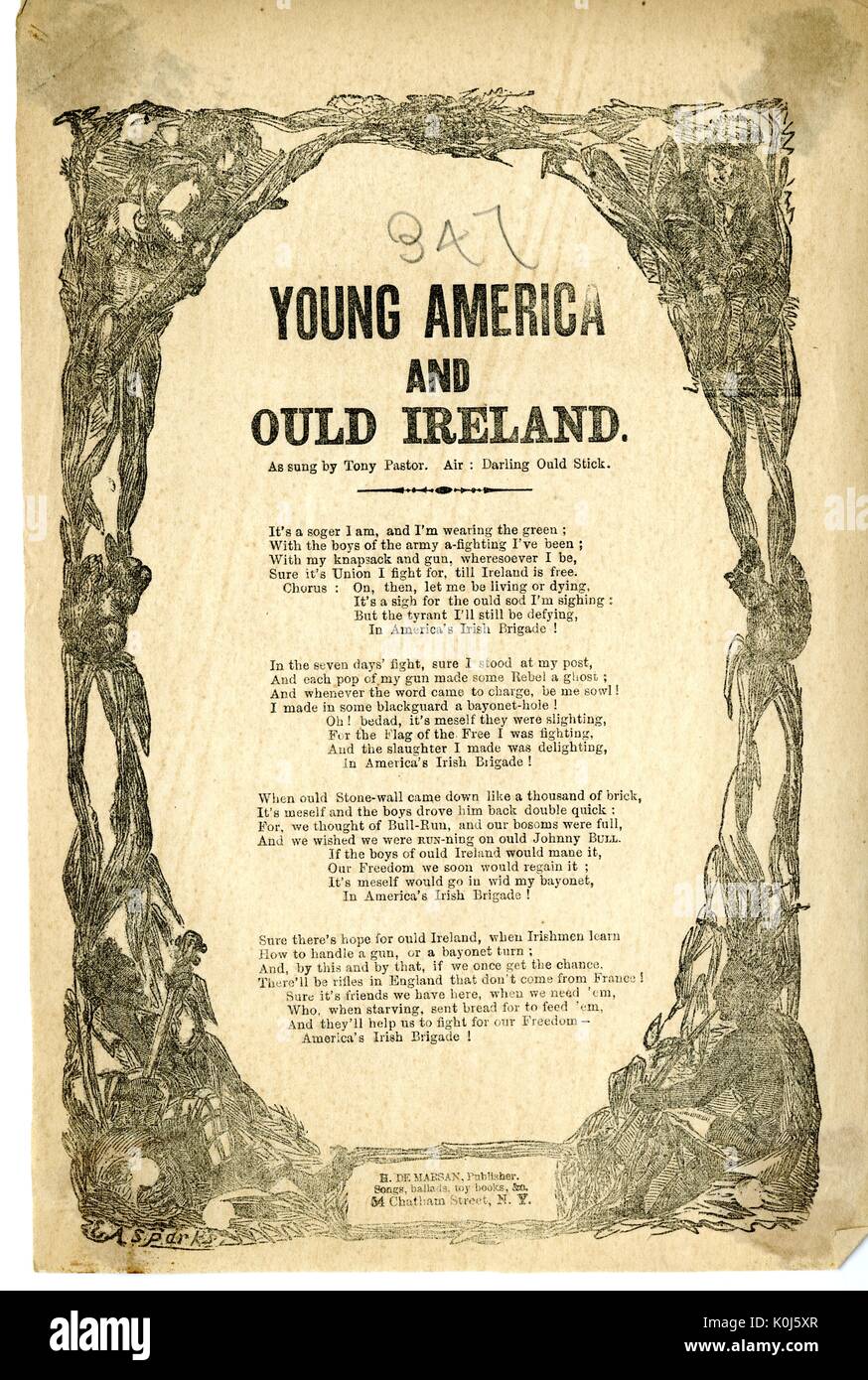 Broadside from the American Civil War, entitled 'Young America and Ould Ireland, ' expressing support for the Union and hope for Ireland as a song of the Irish Brigade, New York, New York, 1862. Stock Photo