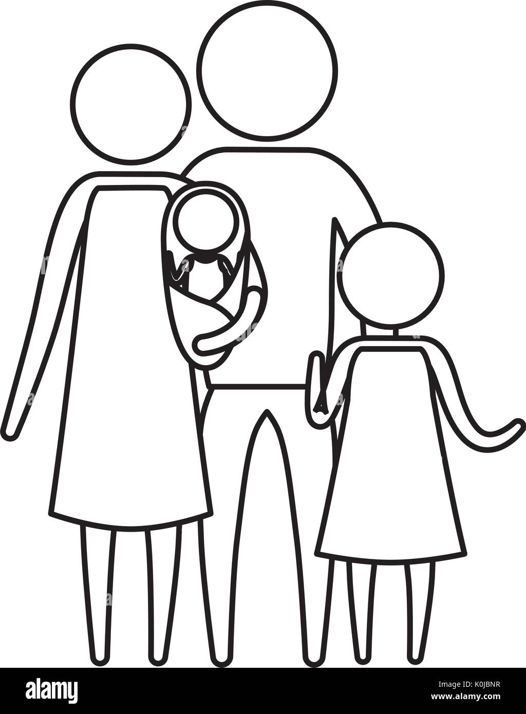 sketch silhouette of pictogram parents with a baby and little girl in