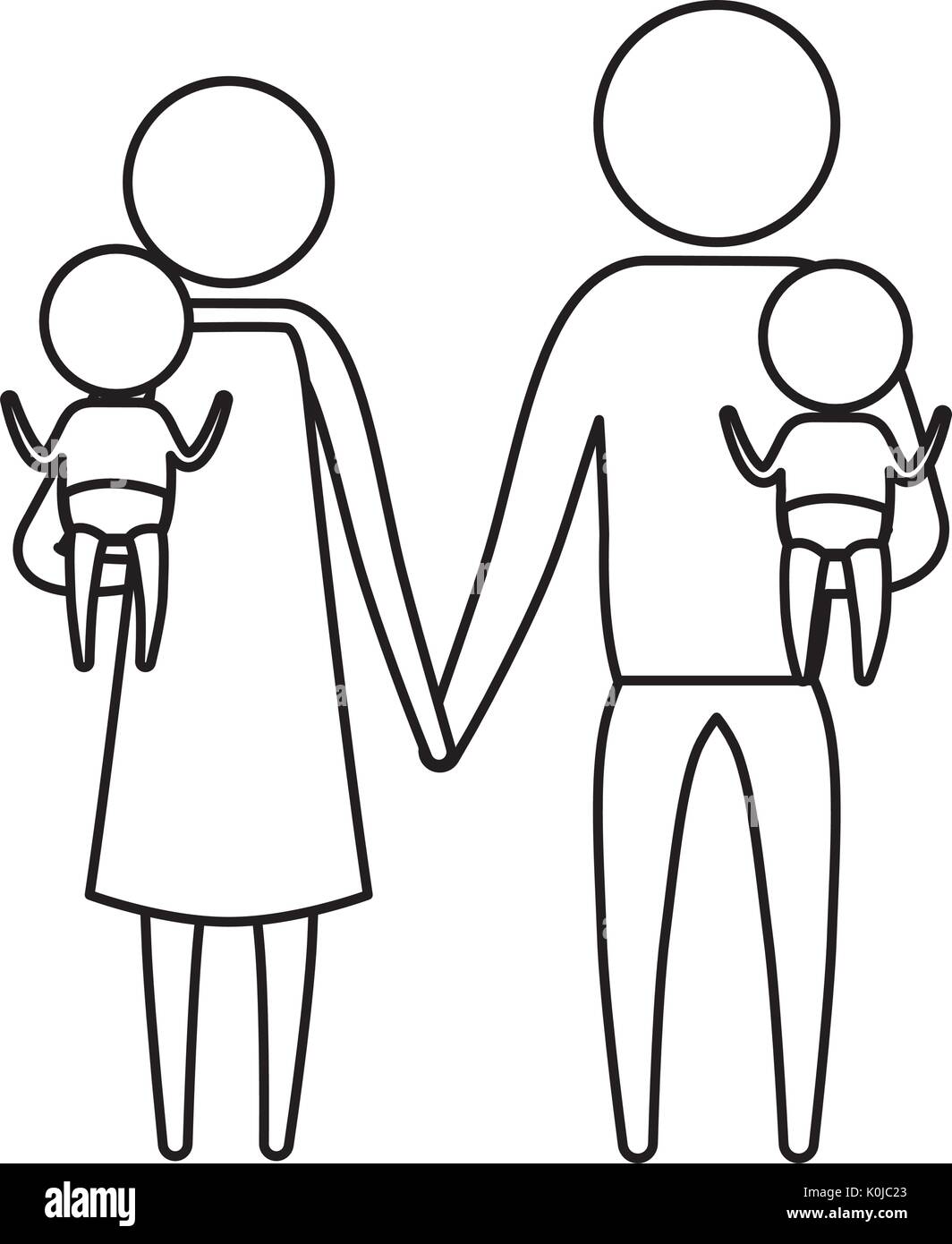 sketch silhouette of pictogram parents with a baby boy and girl carrying Stock Vector