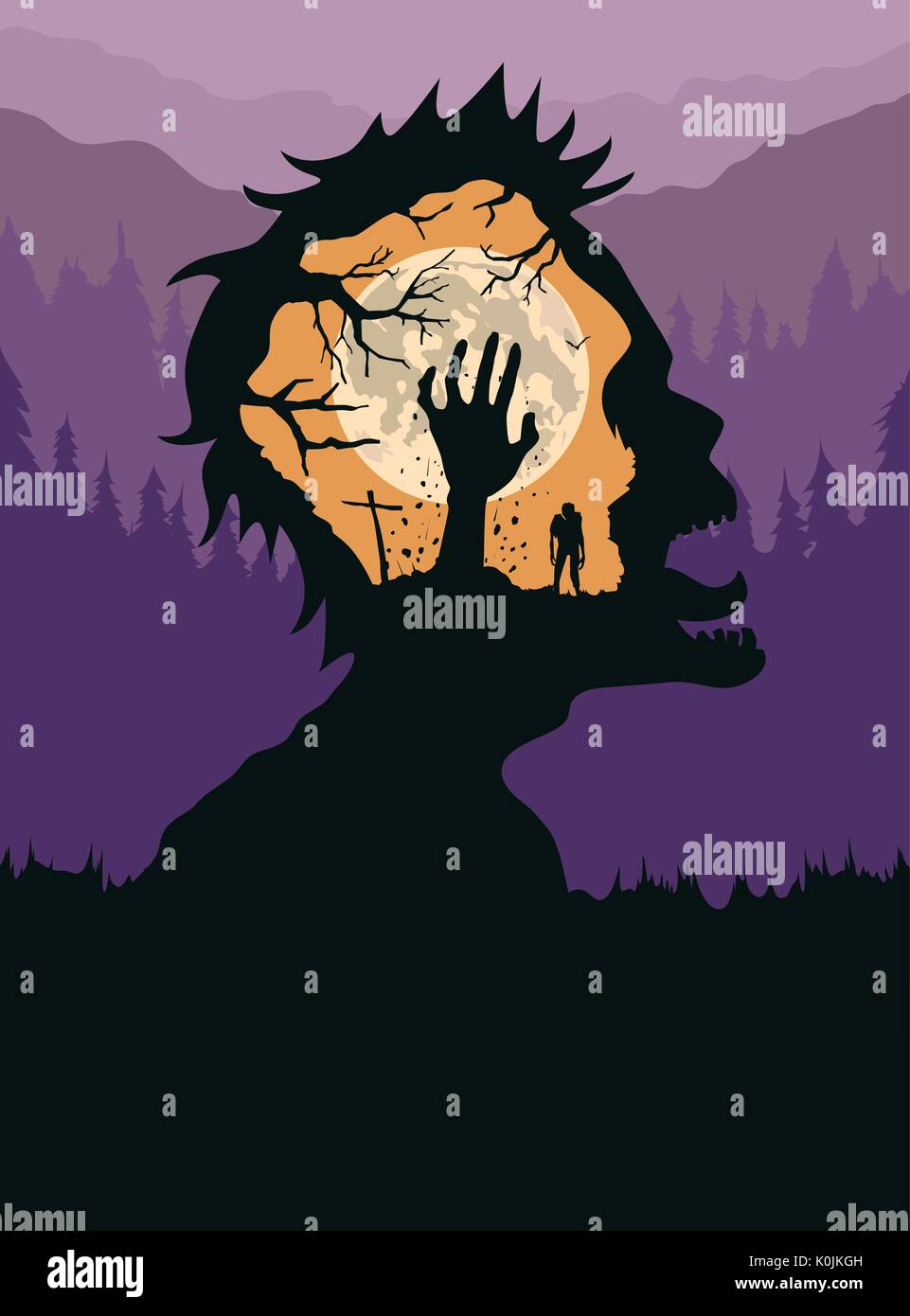 Double exposure of Zombie screaming with hand rising from ground. Stock Vector