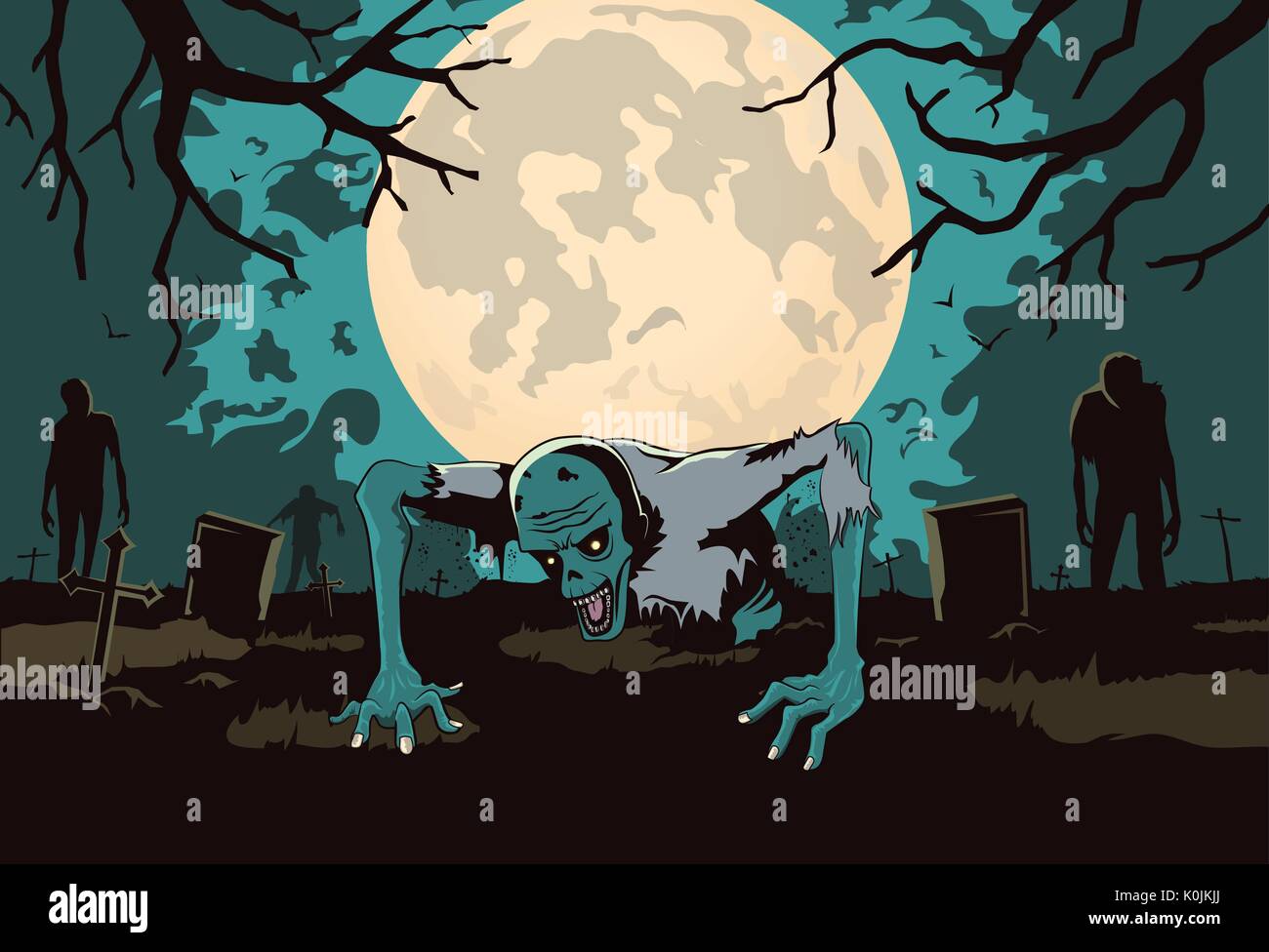 Zombie out of the grave on silhouette background in horror theme. Stock Vector