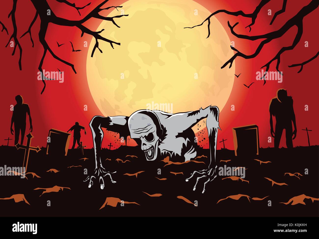 Zombie out of the grave on silhouette background in horror theme. Stock Vector