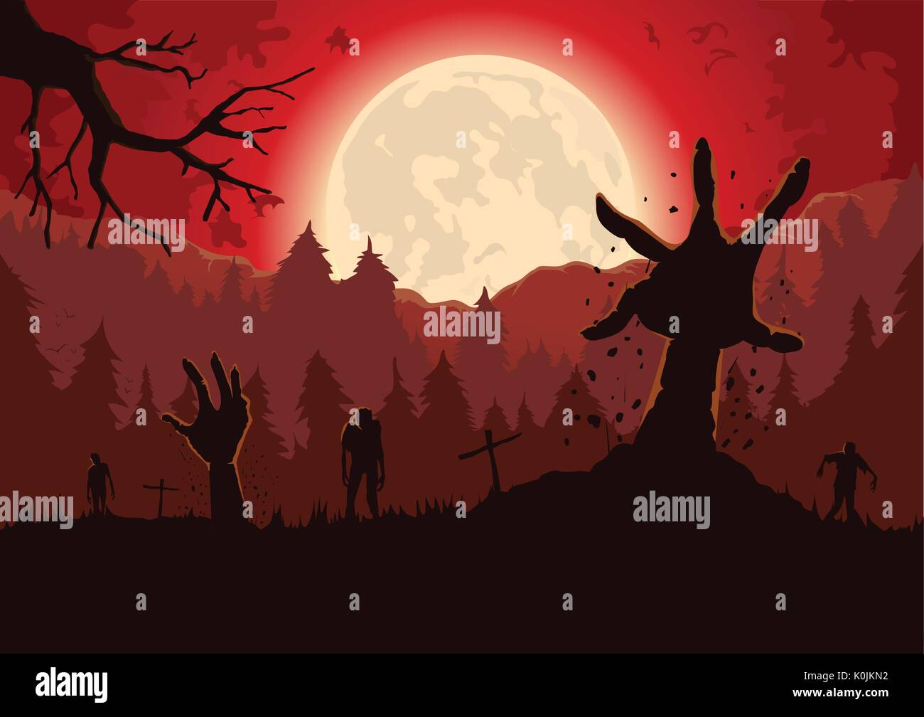 Silhouette Zombie arm out from ground of grave in a full moon night. Stock Vector