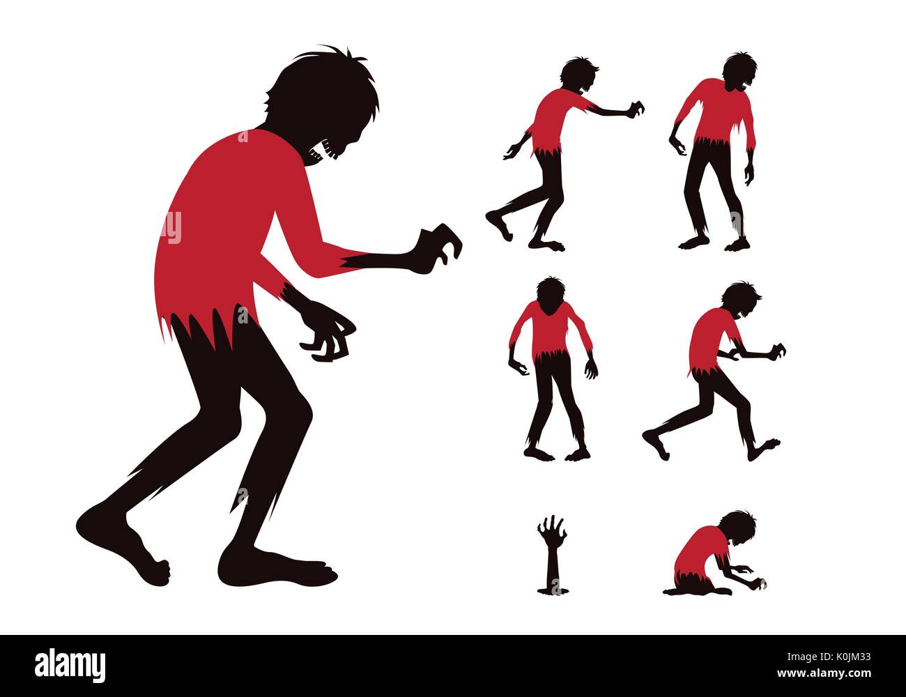 Silhouette zombie with red shirt full body difference action in collection Stock Vector