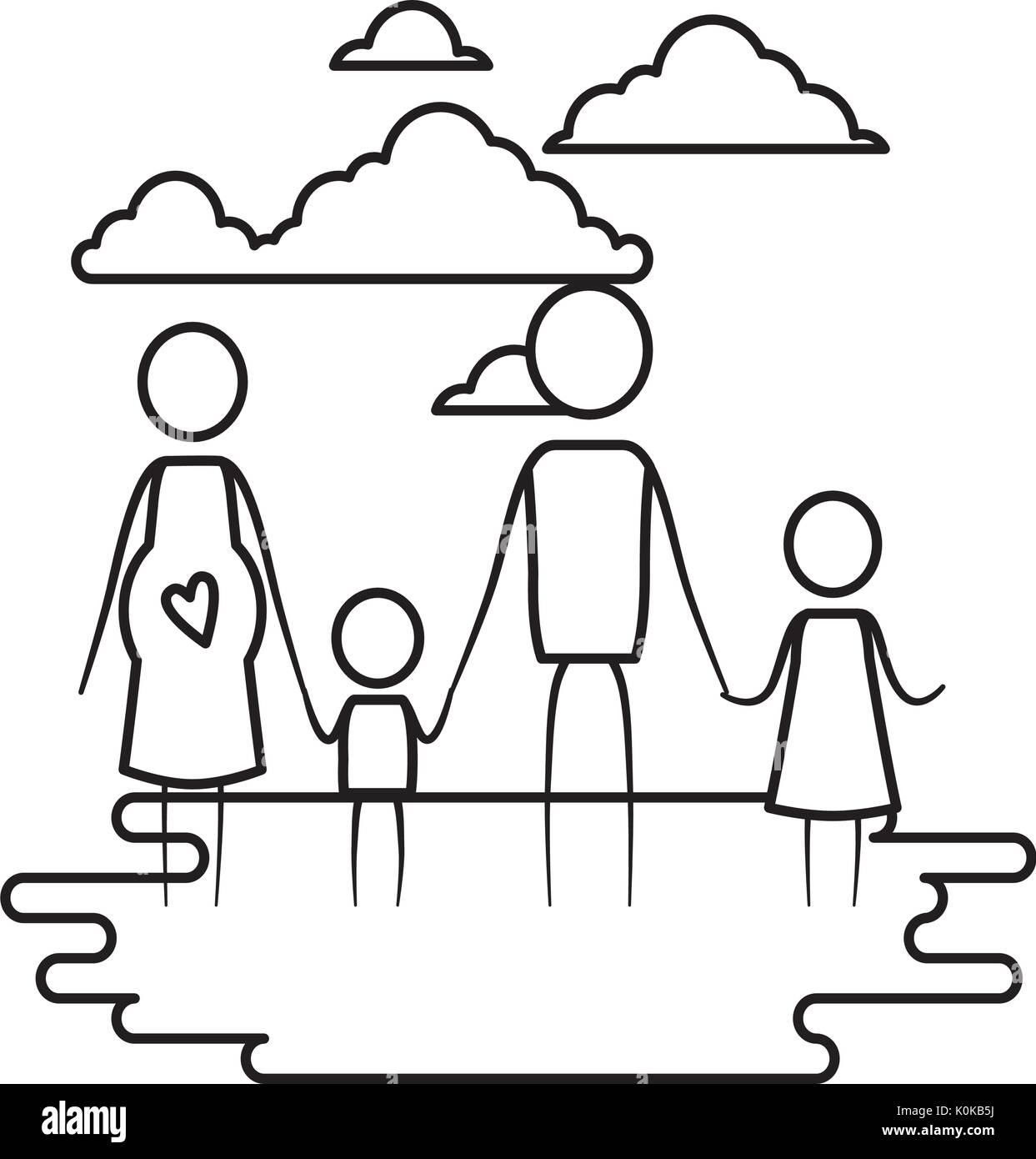 sketch contour of sky landscape and grass with pictogram woman pregnancy and man holding hands of children Stock Vector