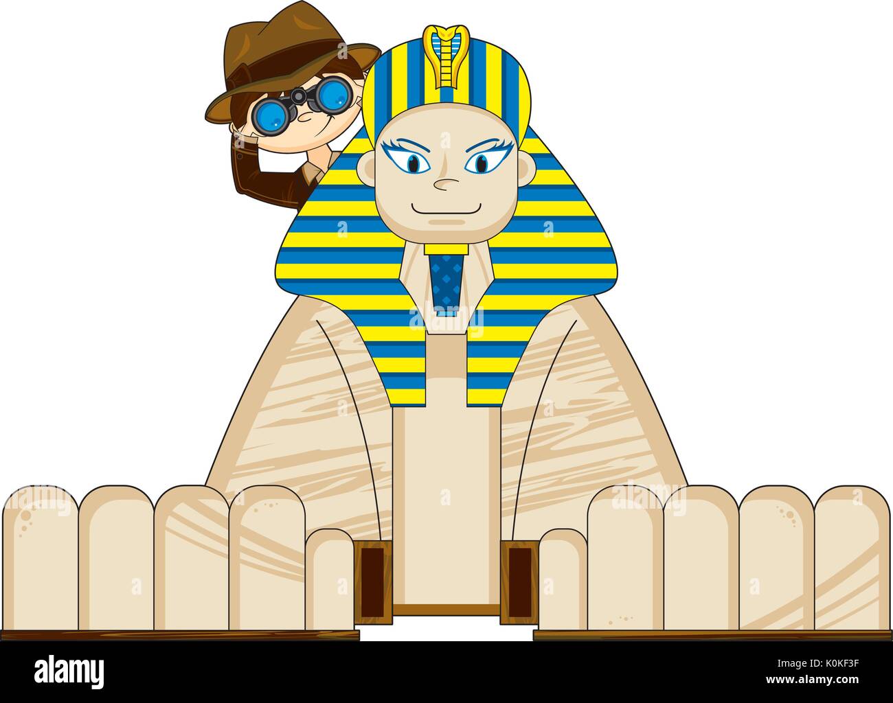 Cute Cartoon Explorer Character and Egyptian Sphinx Illustration Stock Vector