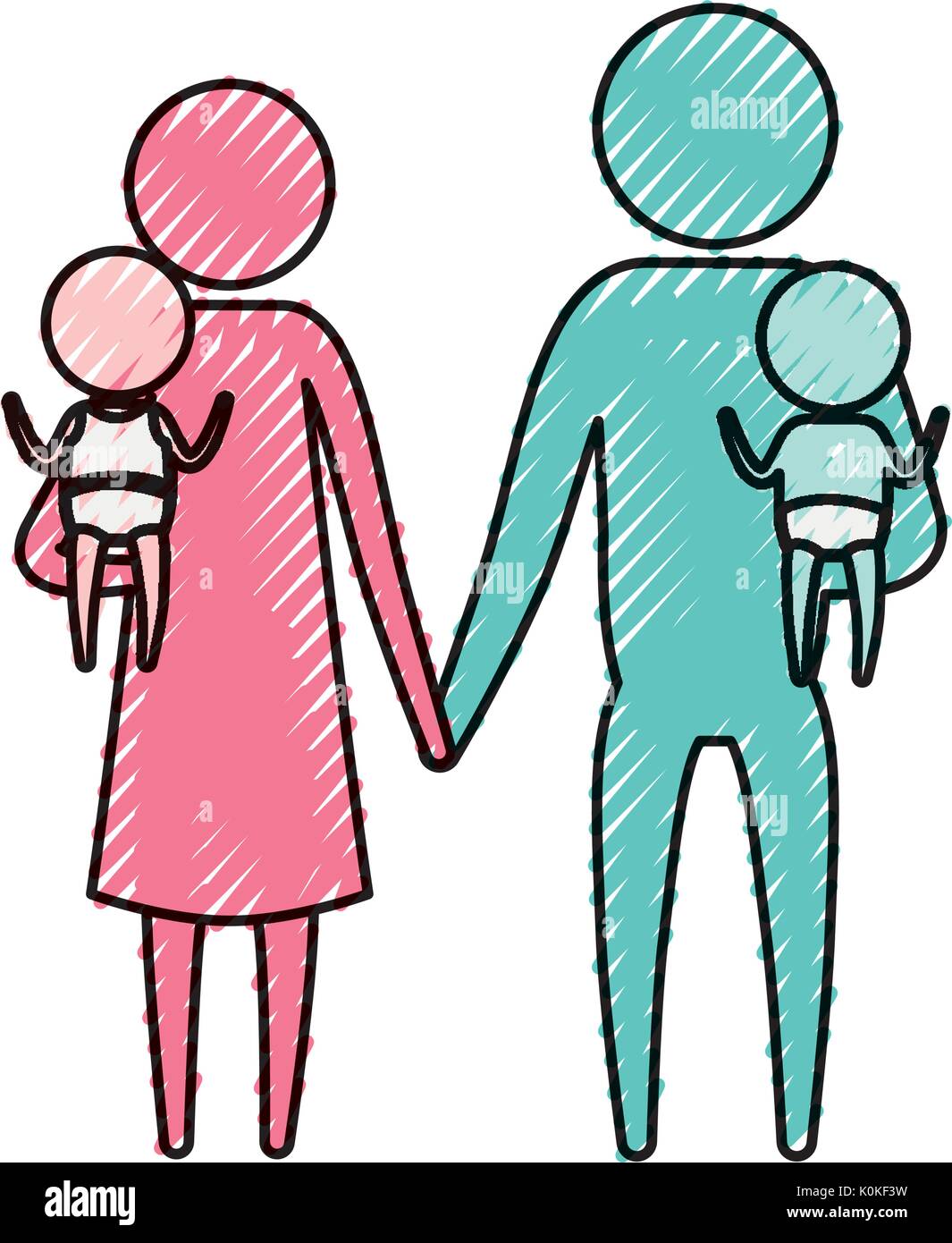 Color Crayon Silhouette Pictogram Parents With A Baby Boy And Girl Carrying Stock Vector Image Art Alamy