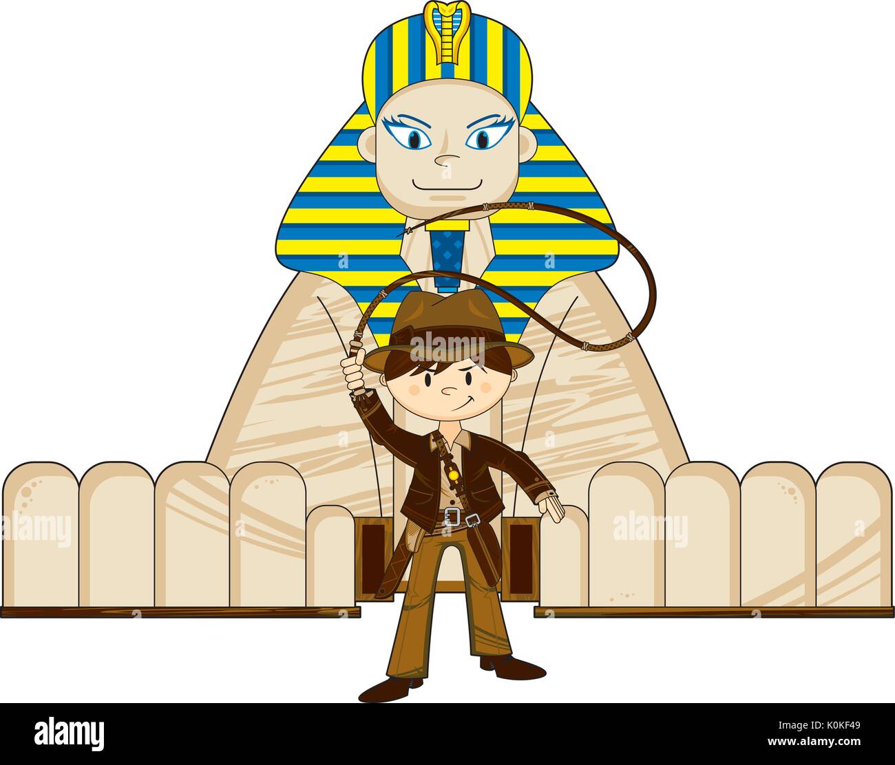 Cute Cartoon Explorer Character and Egyptian Sphinx Illustration Stock Vector