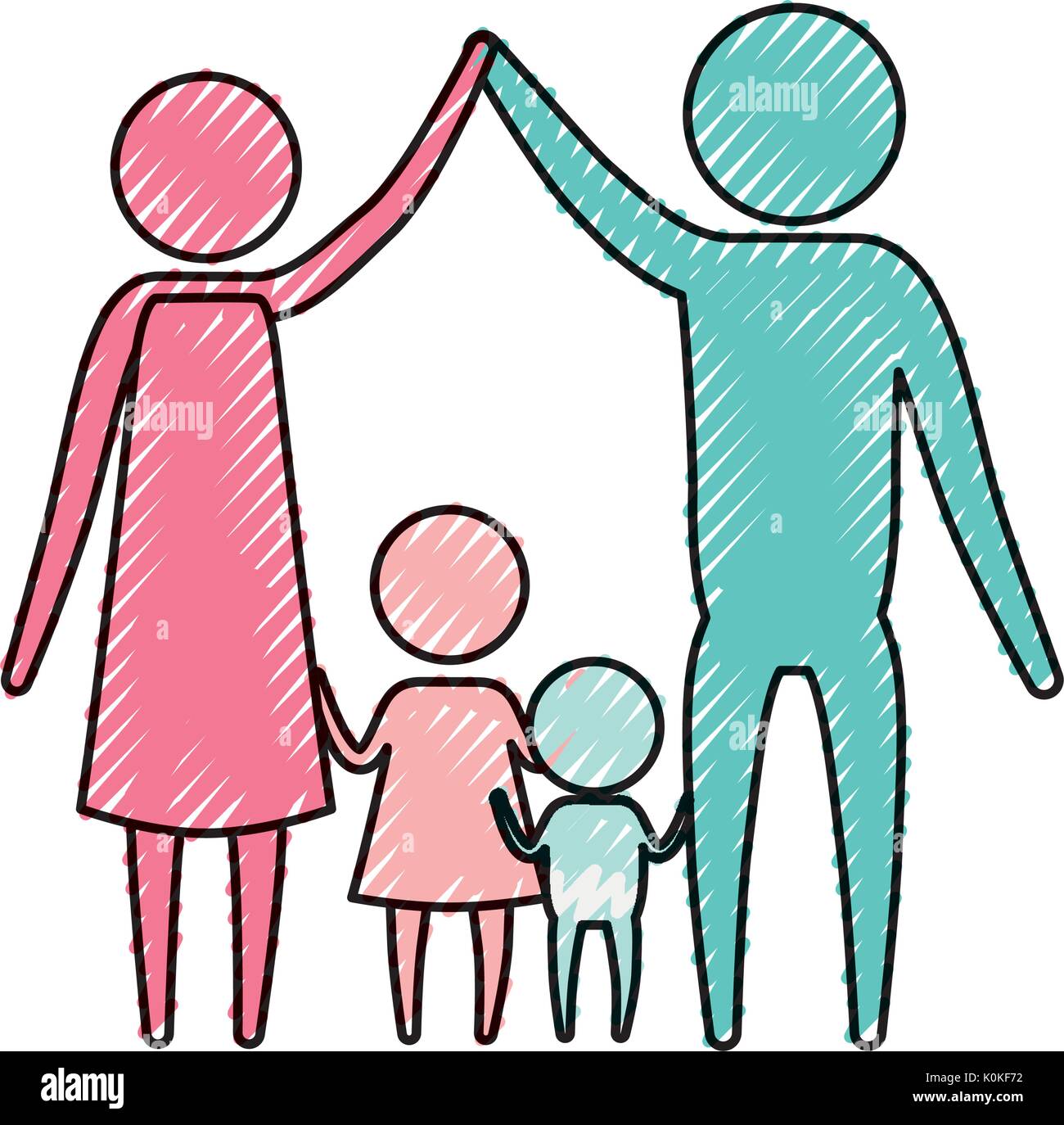 Color Crayon Silhouette Pictogram Couple Parents Holding Hands Up And Baby Boy And Girl In The Middle Of Them Stock Vector Image Art Alamy