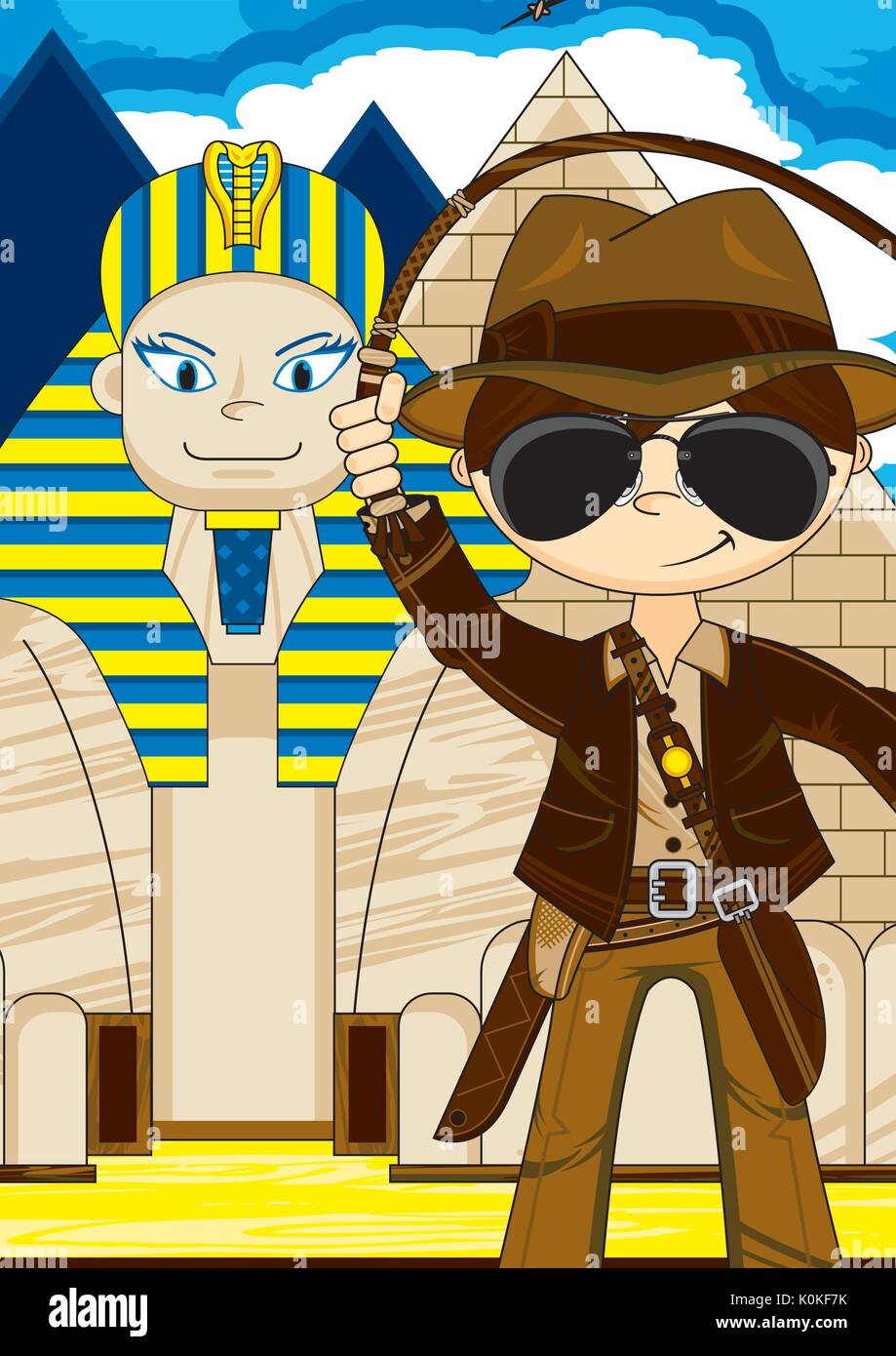 Cartoon Explorer Character with Egyptian Sphinx and Pyramid Illustration Stock Vector