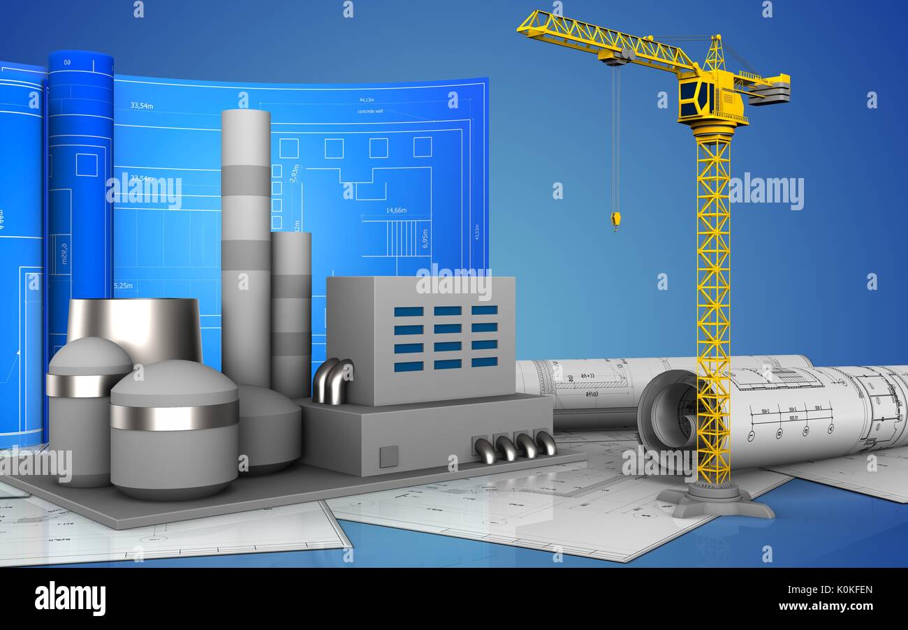 3d illustration of factory with drawing roll over blue background Stock ...