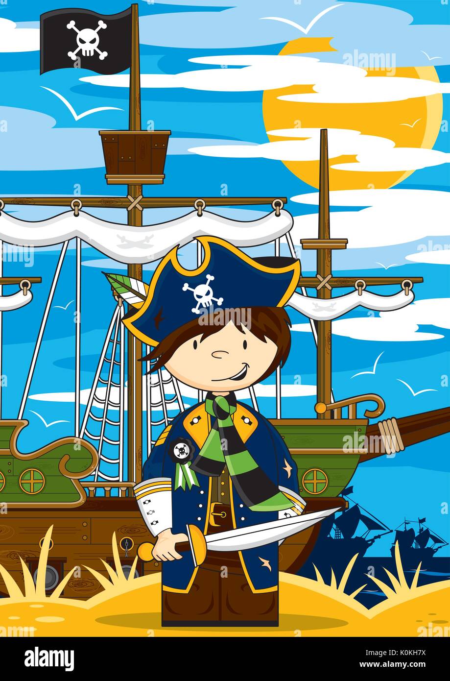 Cartoon Pirate Captain and Pirates Ship Vector Illustration Stock