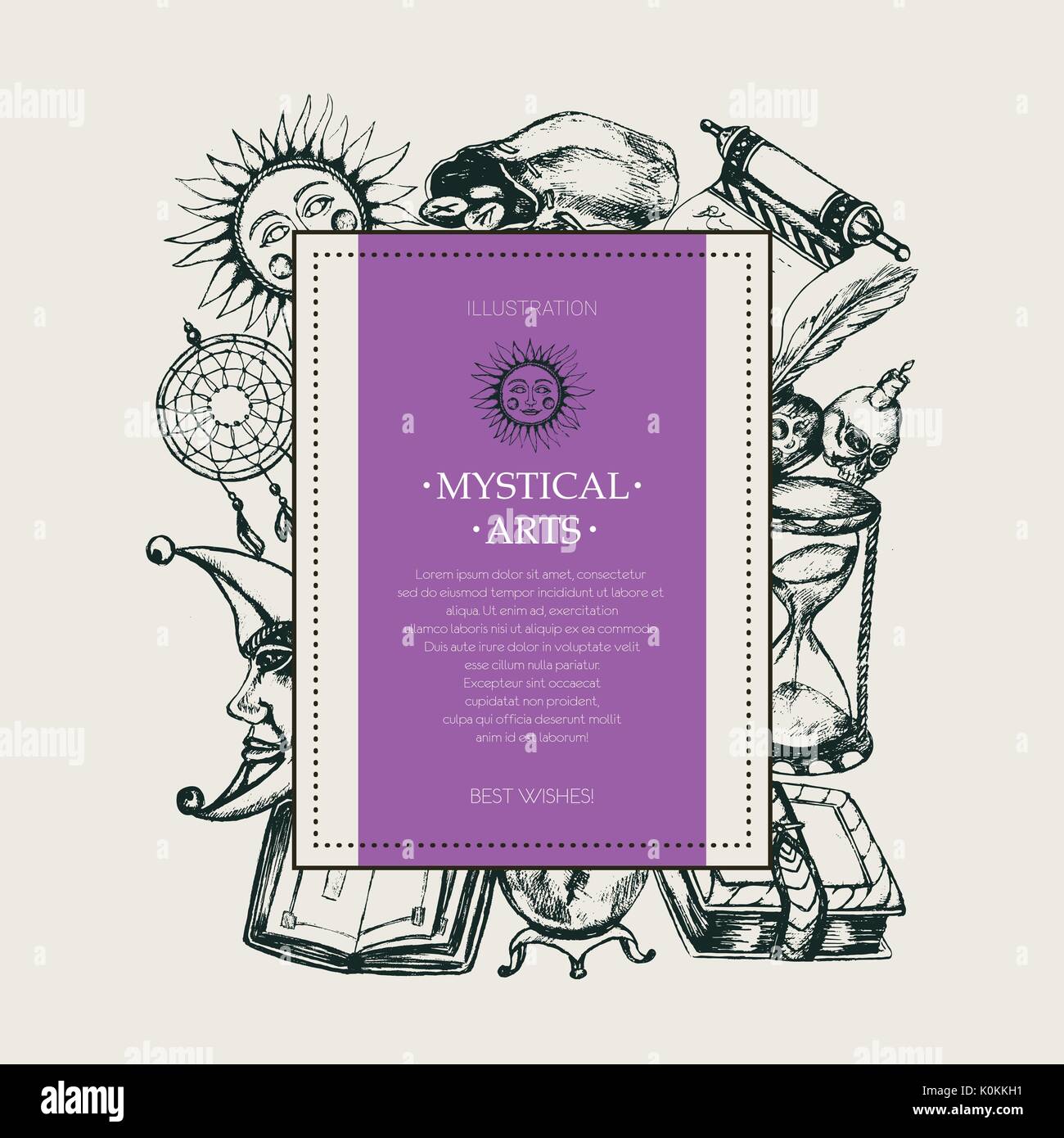 Mystical Arts - modern drawn square postcard. Stock Vector