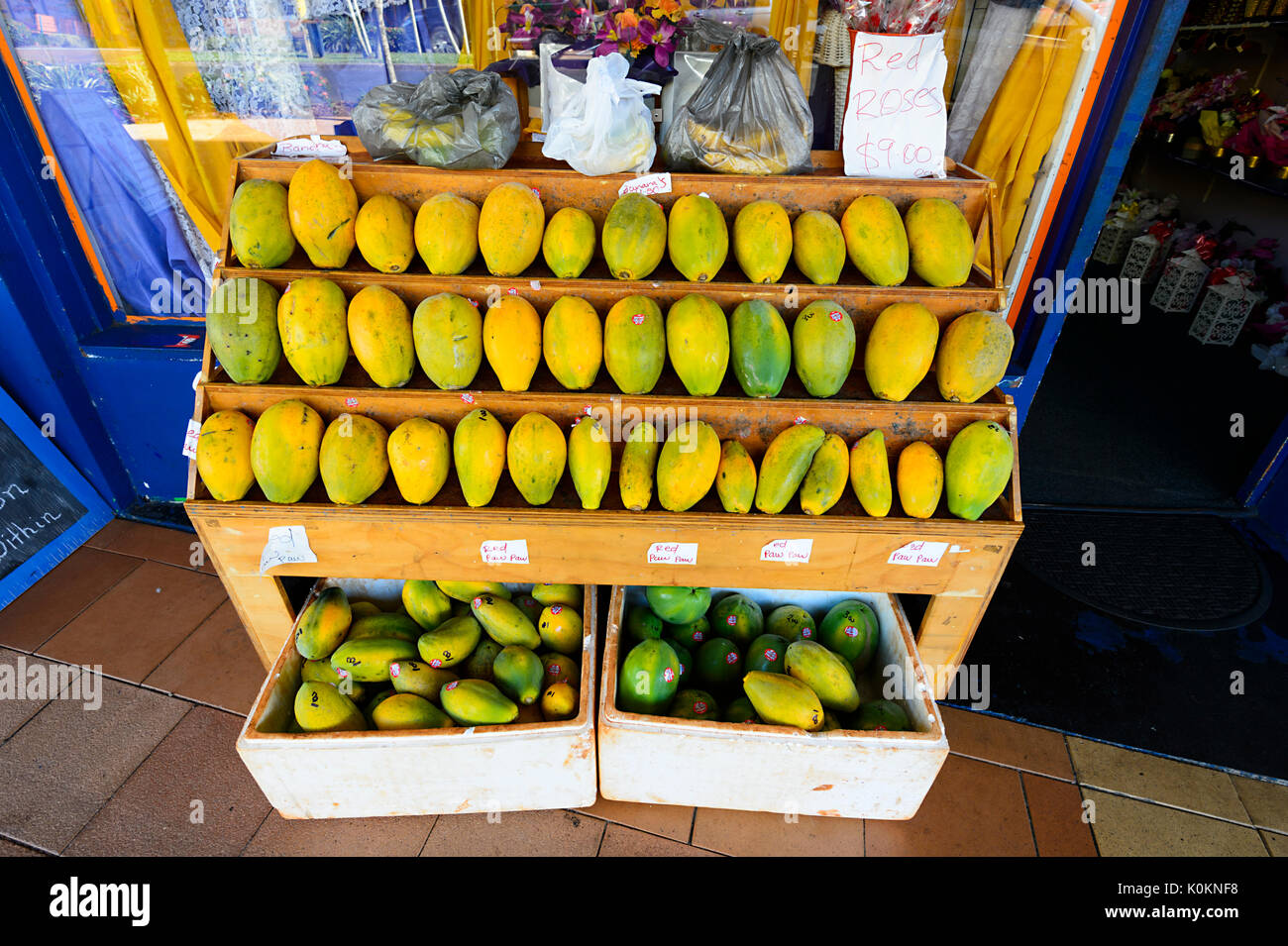 Boxes of Red Pawpaws for sale, Queensland, QLD, Australia Stock Photo