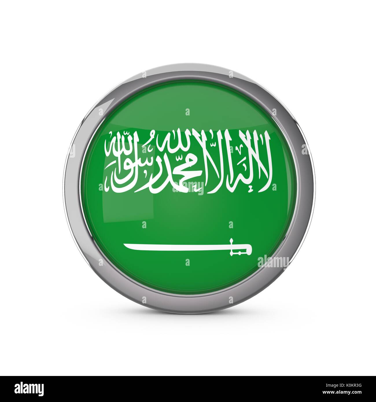 Saudi Arabia national flag in a glossy circle shape with chrome frame. 3D Rendering Stock Photo