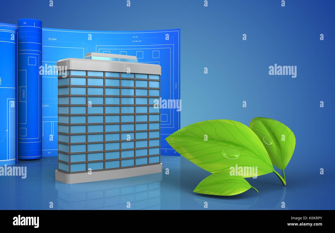 3d illustration of generic building with drawing roll over blue ...