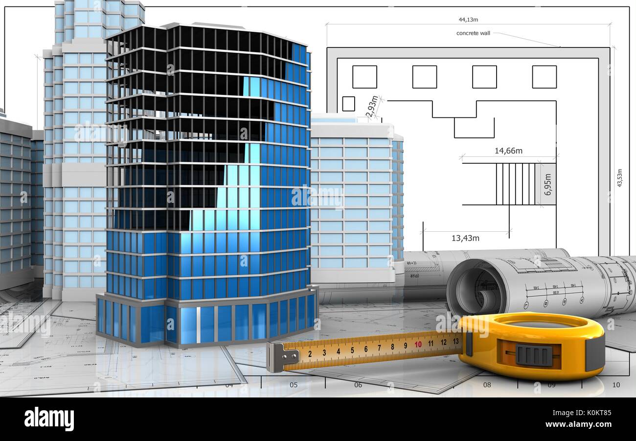 3d illustration of office building construction with urban scene over