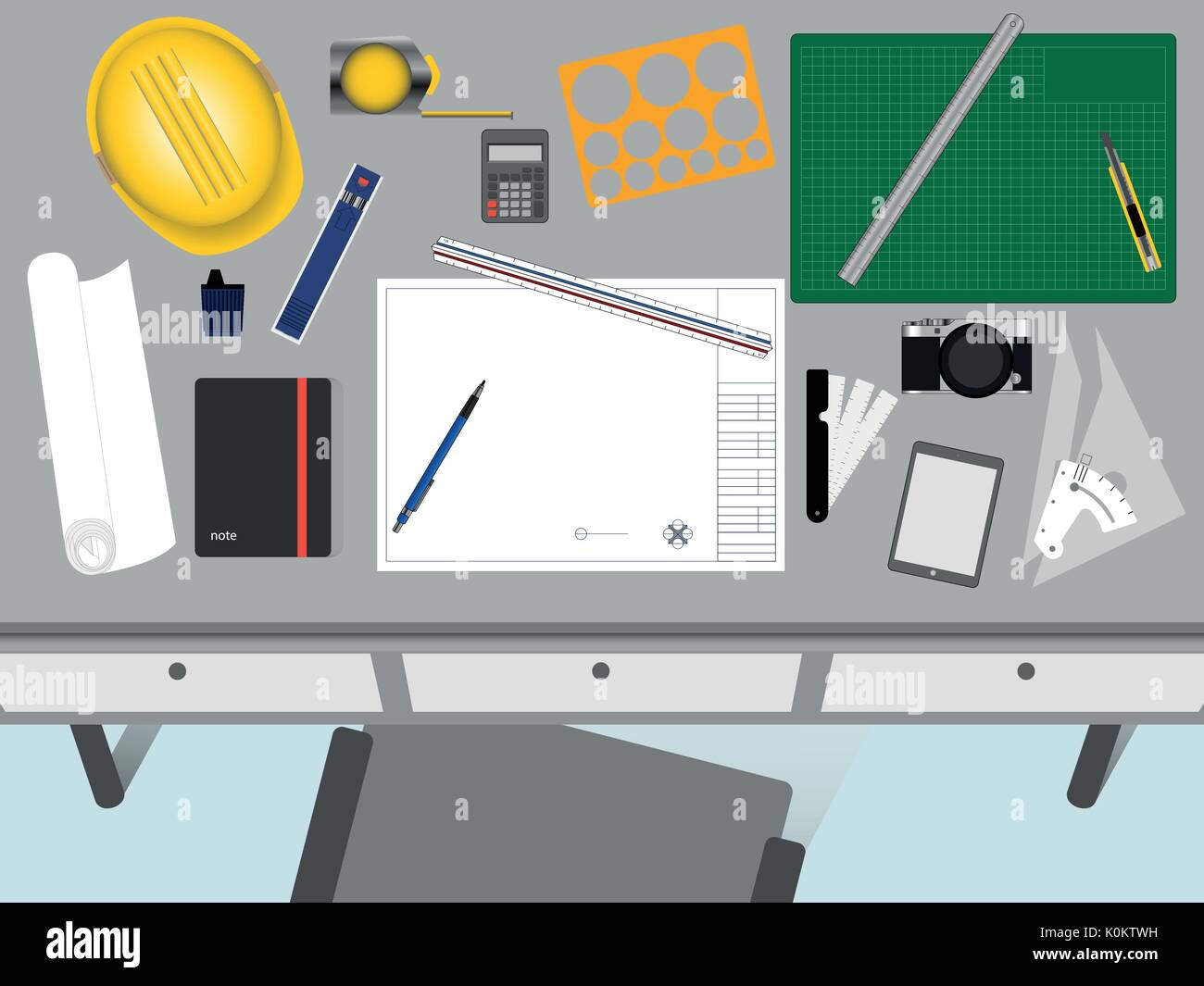 Top view of architect and engineer desk. Working space with blank paper for text. Background design. Stock Vector