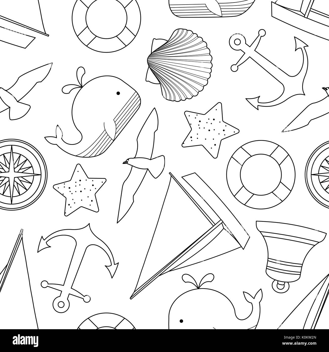 Random happy nautical in black outline and white plane on white background. Seamless pattern vectoe illustration. Stock Vector
