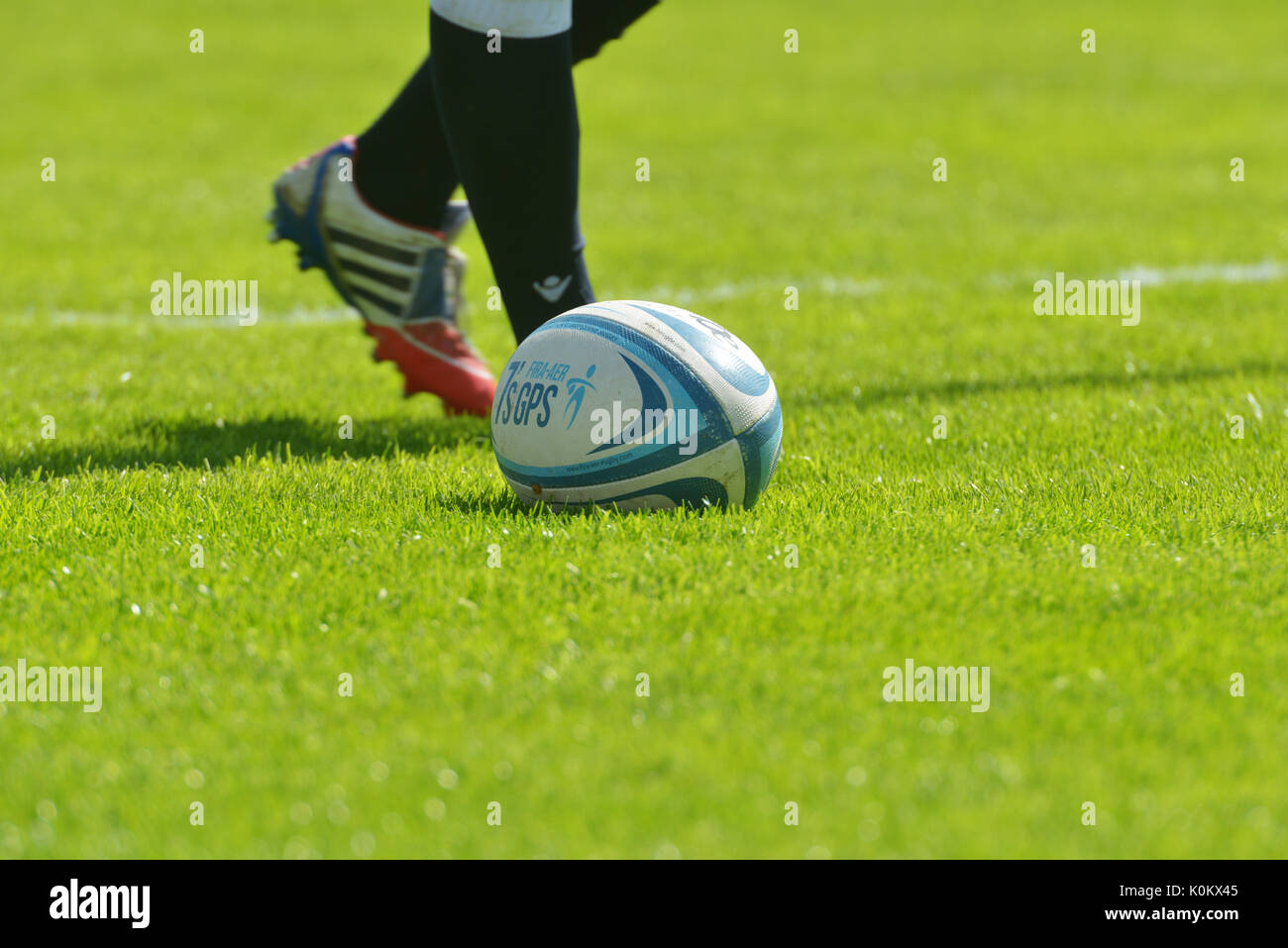 Moscow, Russia - June 29, 2014: Rugby ball on the grass during the FIRA-AER European Grand Prix Series. England won the tournament Stock Photo