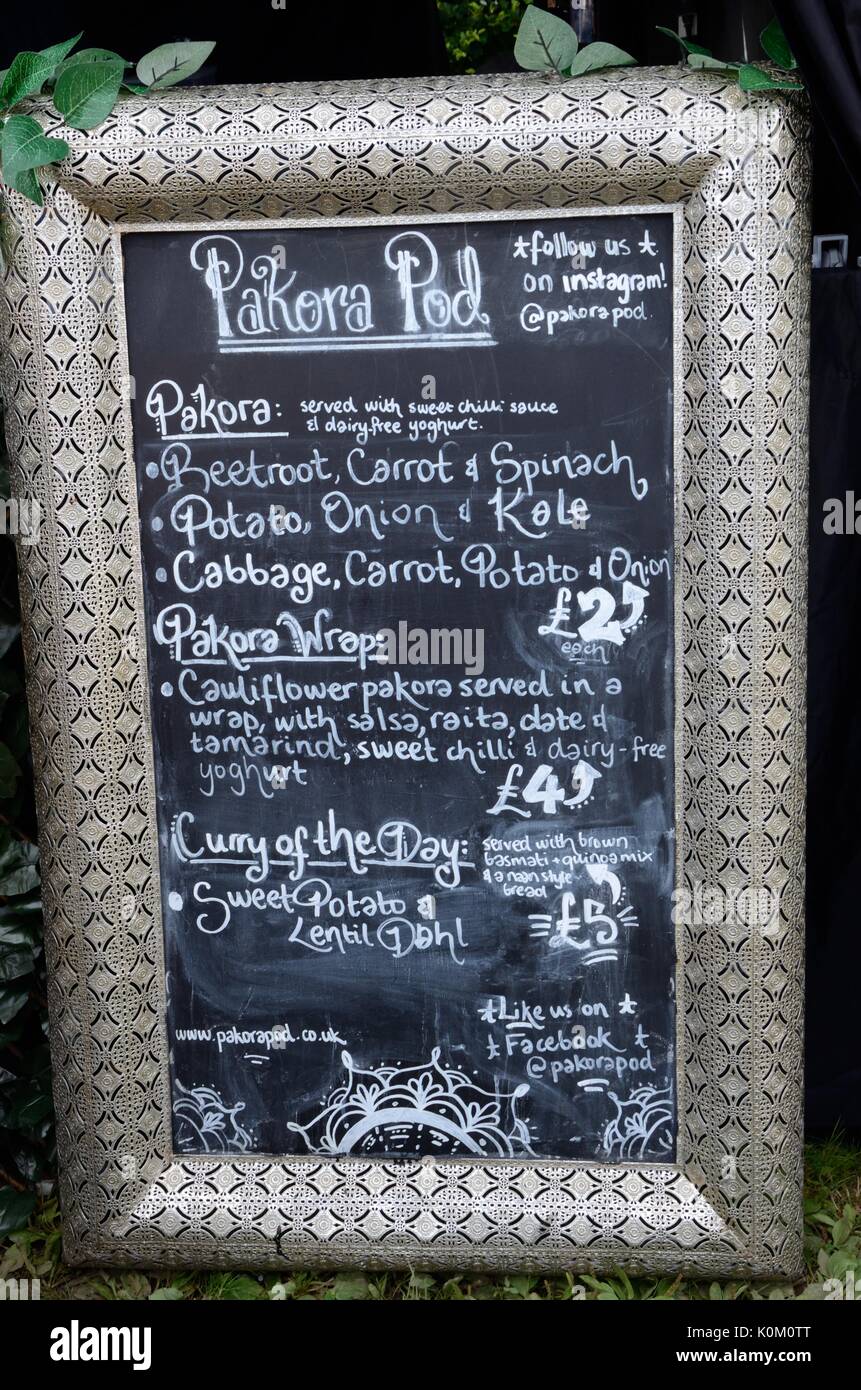 Chalk written vegan menu board at a food festival Swansea Food Festival Stock Photo