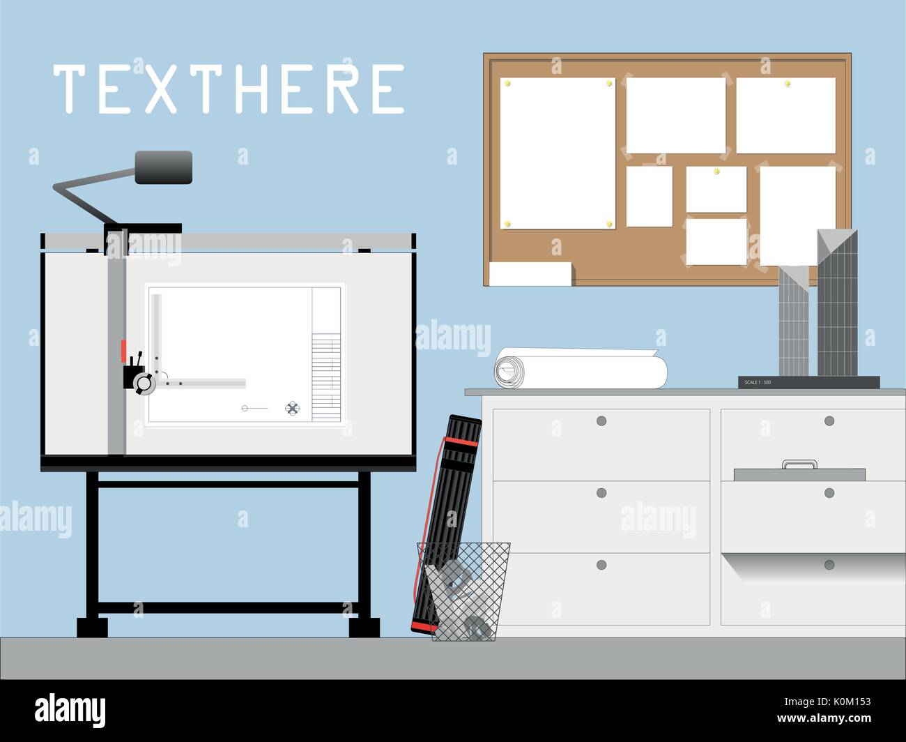 Front view of architect and engineer workplace drafting table,