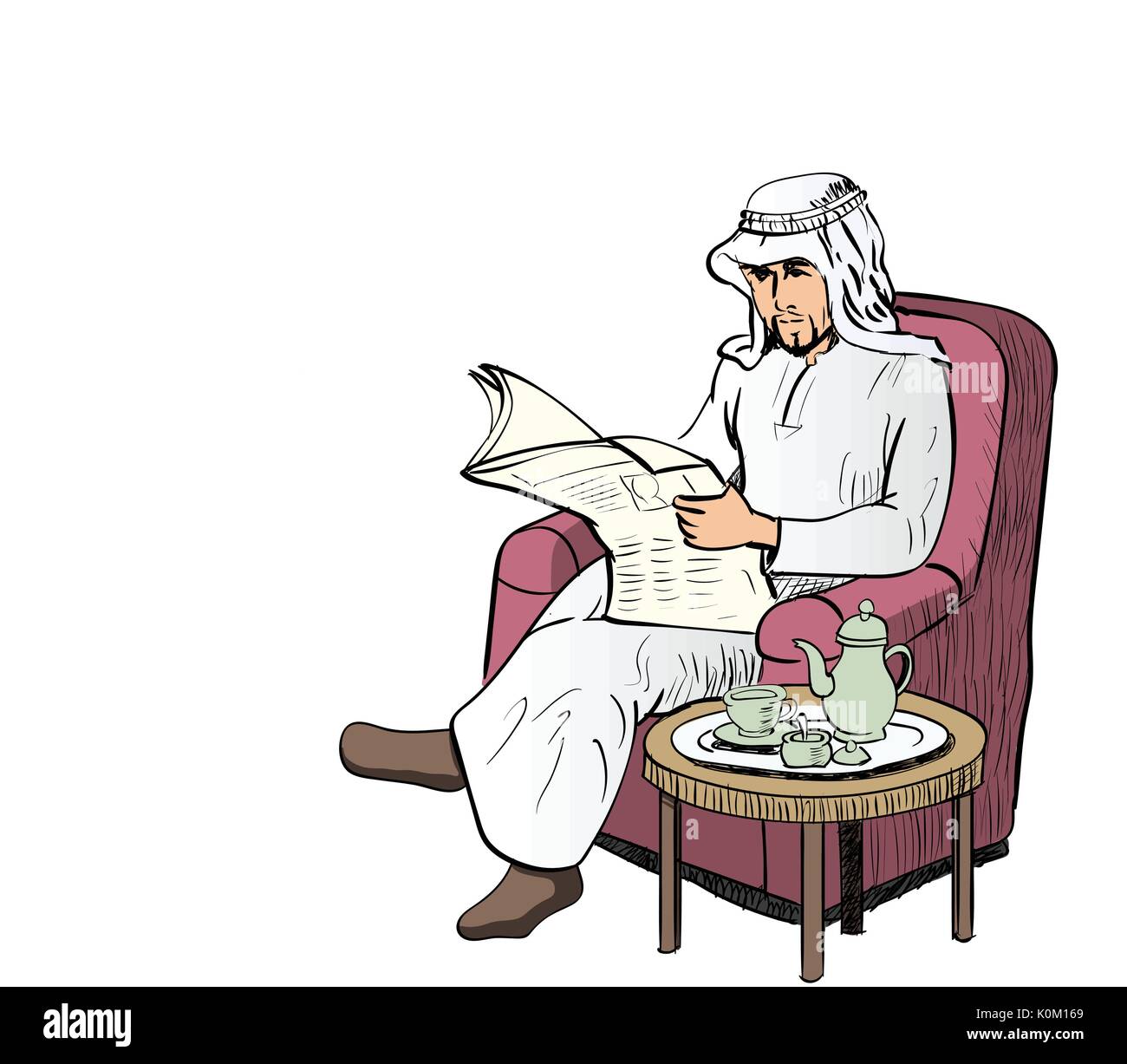 Arab Man read news paper on sofa in living room with tea set, have space for text, Character design - Vector Illustration Stock Vector