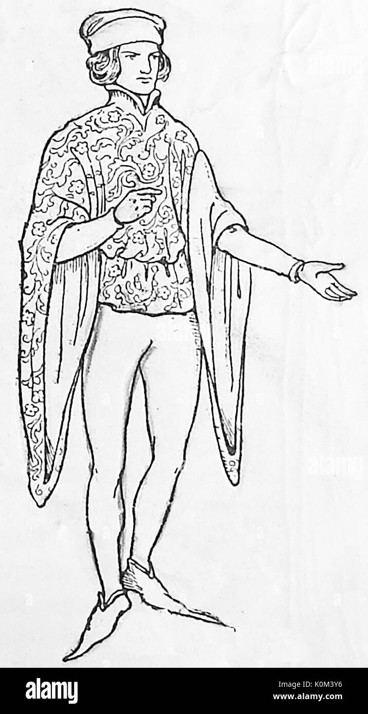 A 1928 illustration showing male attire /costume for the middle classes in the 14th century in Britain Stock Photo