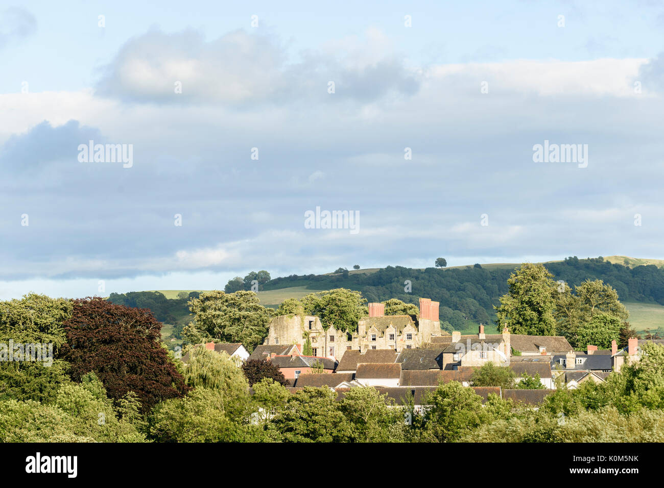 Abandoned castle and houses at Hay on Wye, a small town on the border of England and Wales. Stock Photo